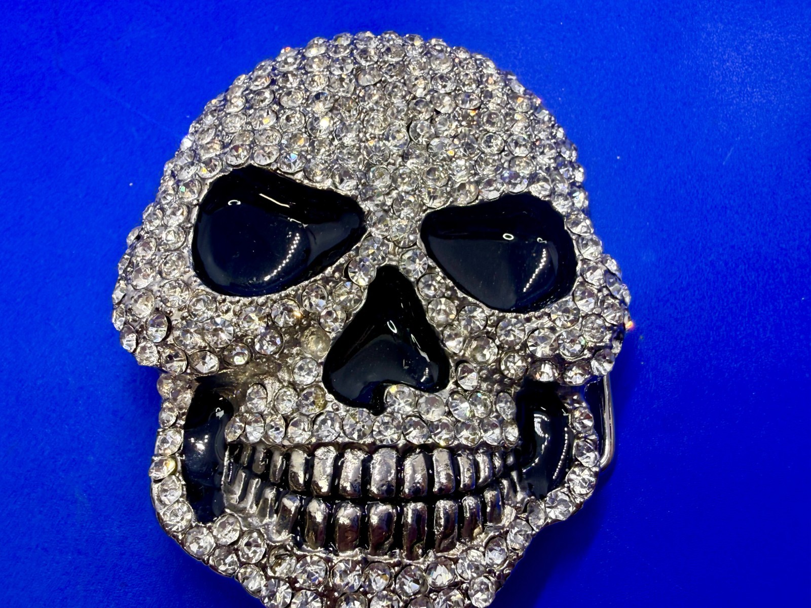 Creepy Skull Grinning Teeth Black Enamel Clear Rhinestone Covered Belt Buckle