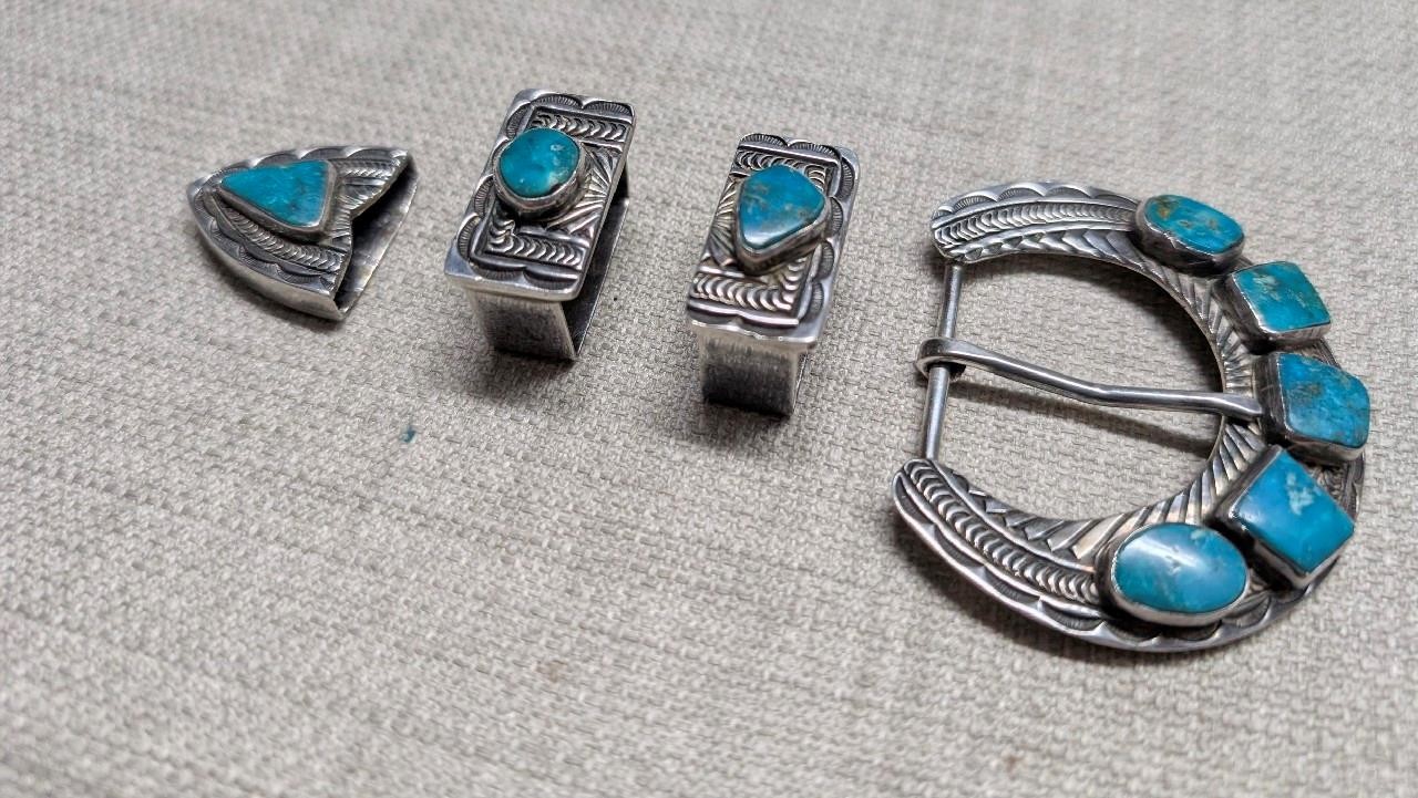 vintage STERLING SILVER belt buckle set 4PC turquoise SAMPSON WERITO navajo