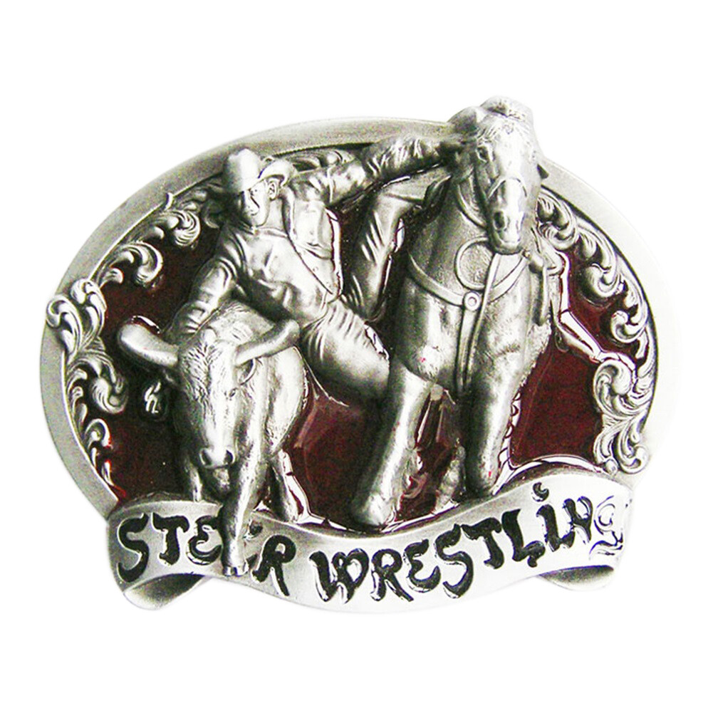 Steer Wrestling Cowboy Rodeo Western Red Enamel Metal Belt Buckle