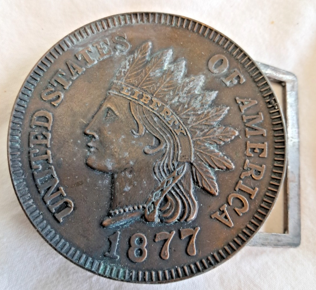 Vintage 1877 Indian Head Penny Belt Buckle Bronze Tone Round Coin Americana 3.75