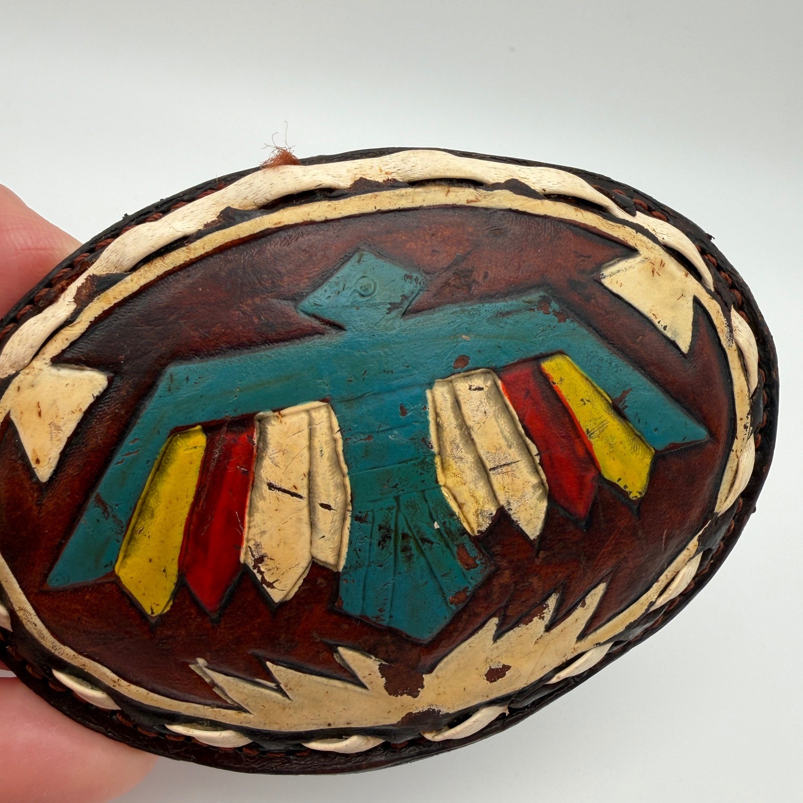 VTG Justin Leather Belt Buckle Hand Tooled Thunderbird Painted Oval 61-P