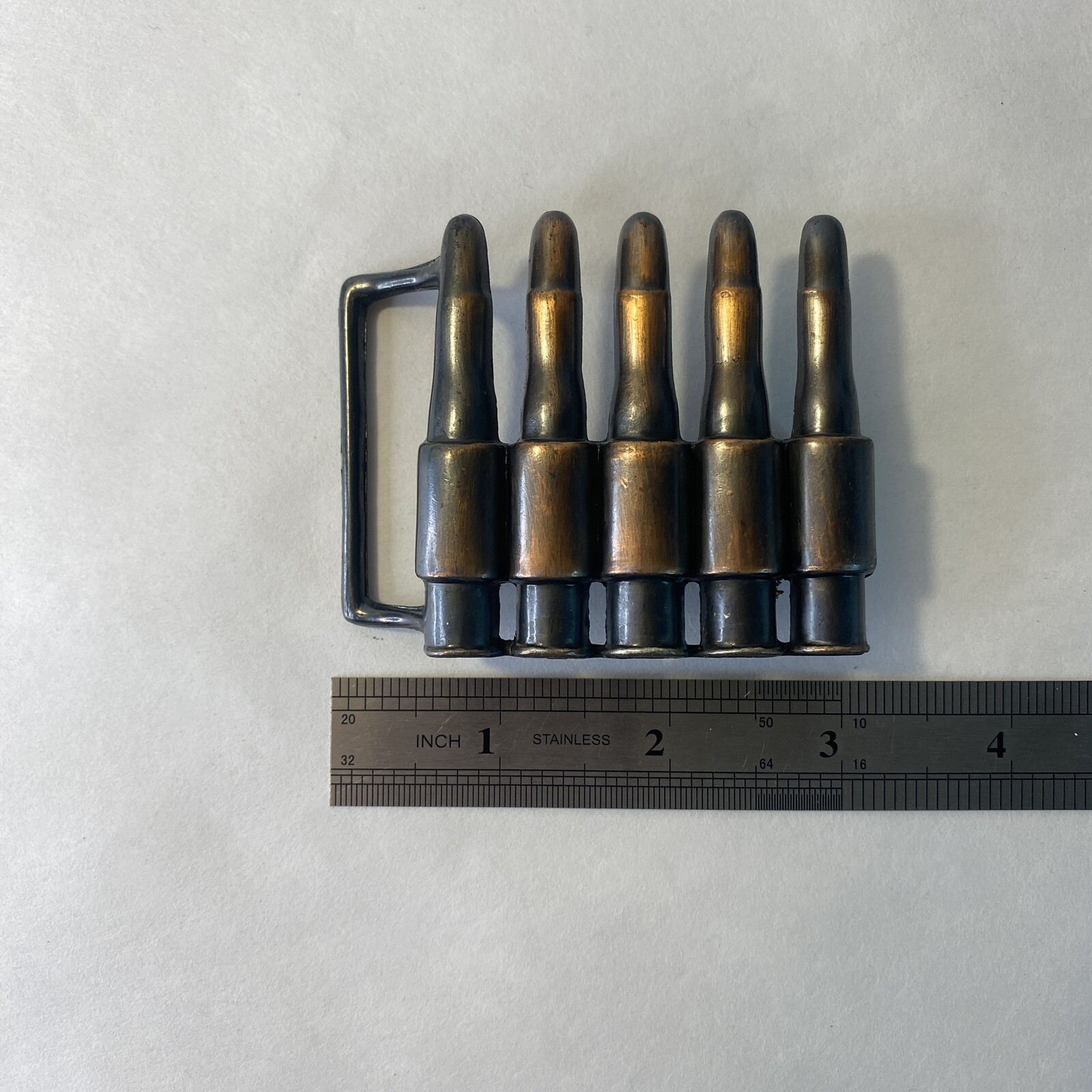 Metal bullet belt buckle copper tone gun ammunition design NEW