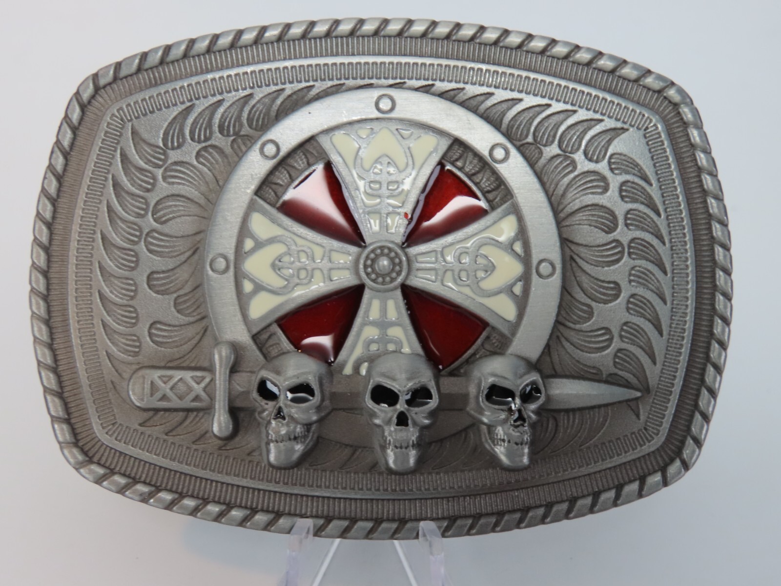 Celtic Shield Skull Sword Metal Belt Buckle Pewter Tone Enameled New