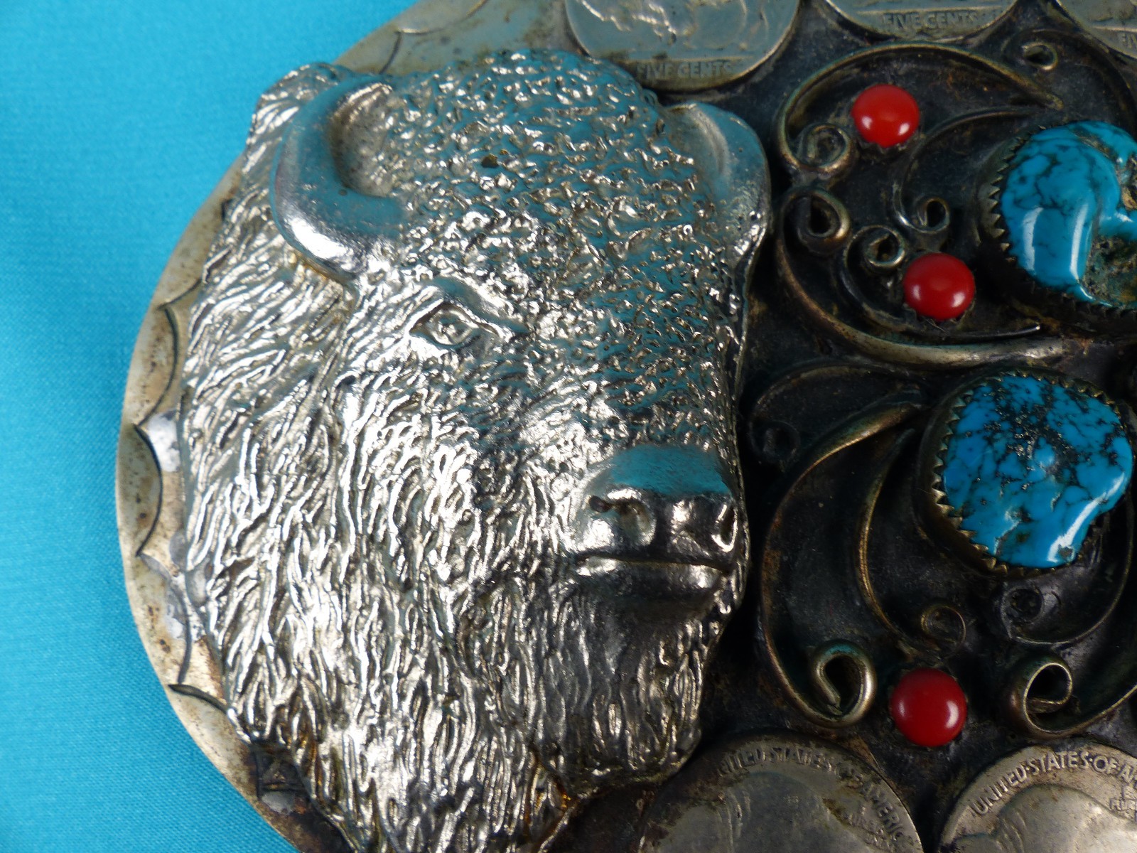 Vtg 1970&rsquo;s NA Style Turquoise Coral Buffalo Nickel Silver Squaw Wrap Belt Buckle