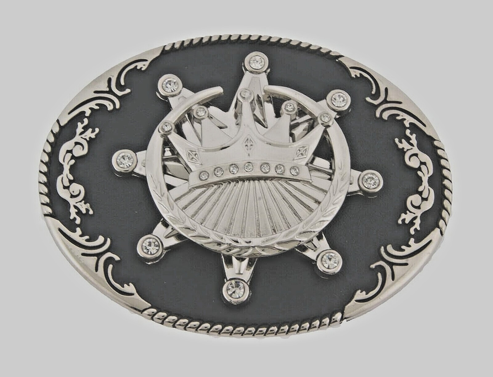 Crown Belt Buckle Vintage Spinner Silver Black Metal Western Rodeo Men Women