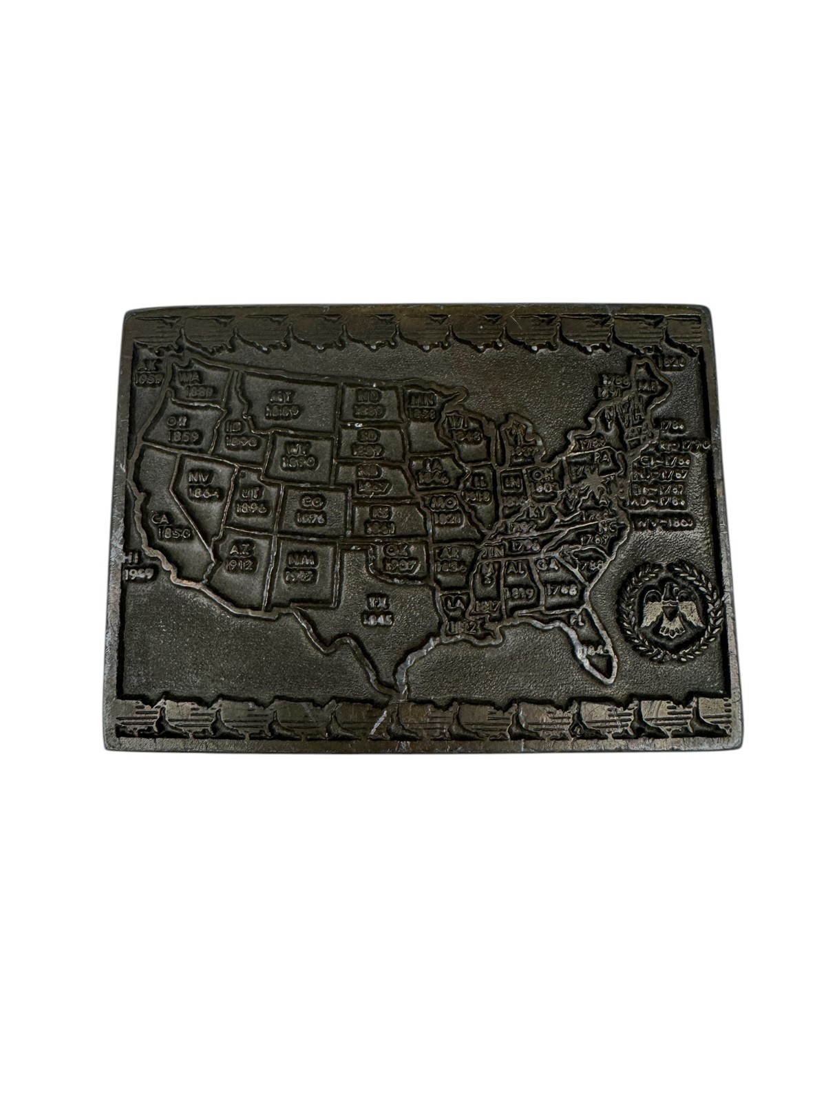 Vintage US Map Belt Buckle United States State Dates Eagle Emblem Solid Metal