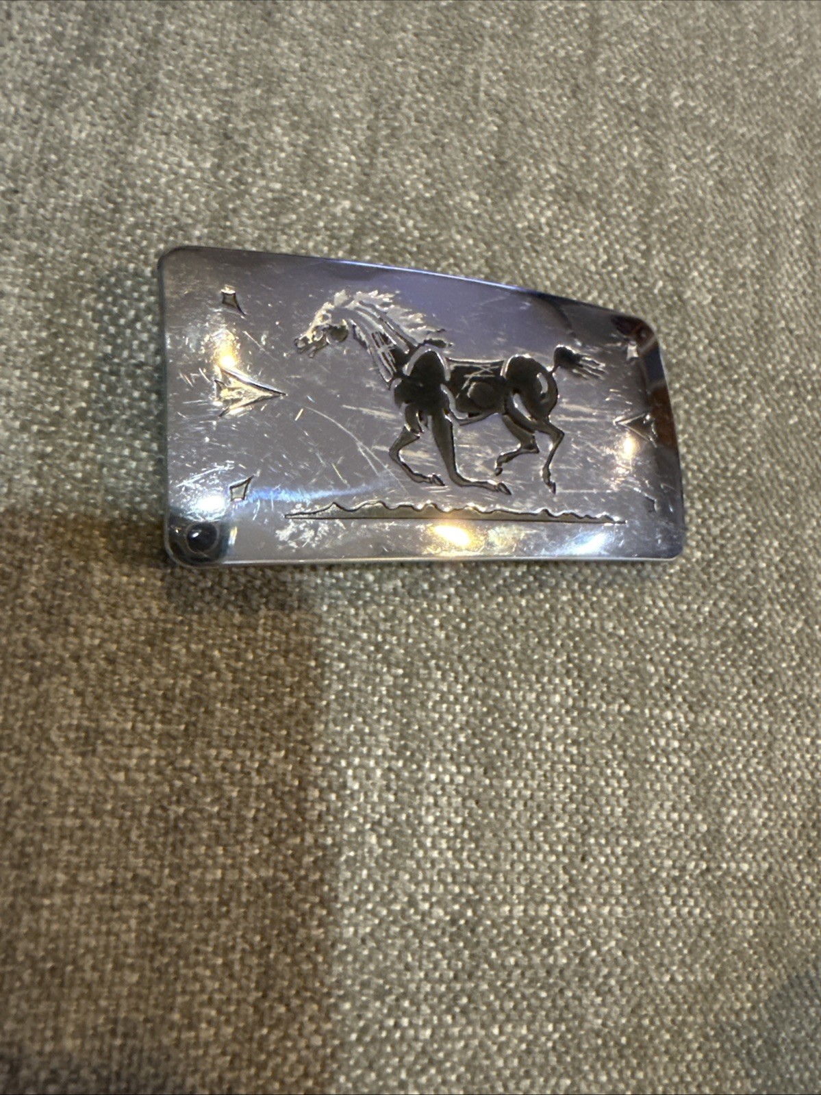 Vintage 70’s Western Style Chambers Belt Buckle with Black Galloping Horse USA🐎