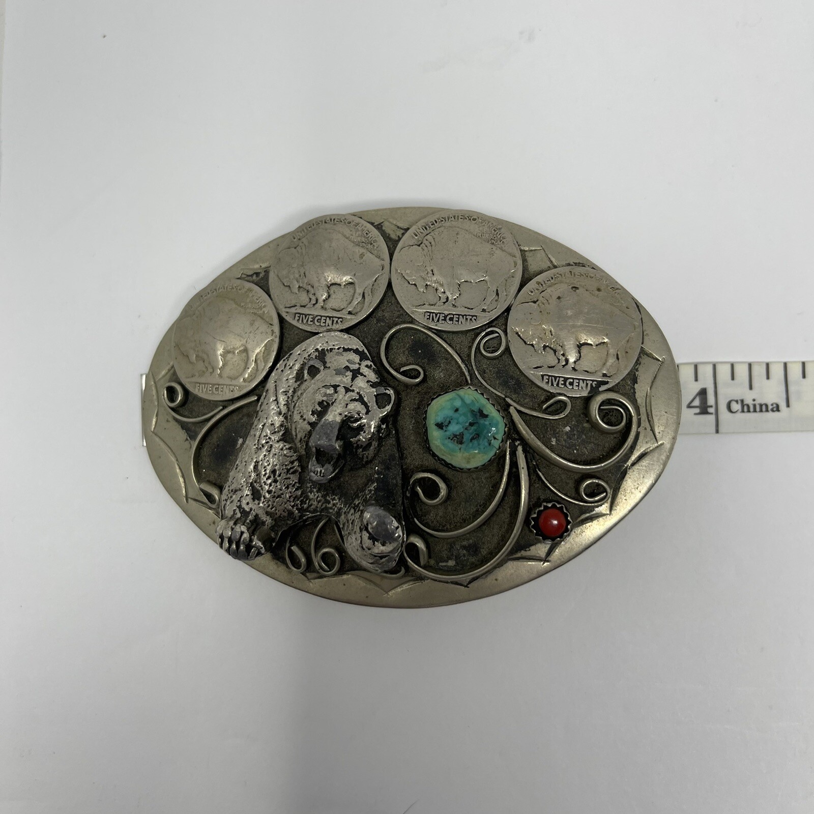 Vintage Bear Buffalo Nichols Belt Buckle Turquoise/Coral