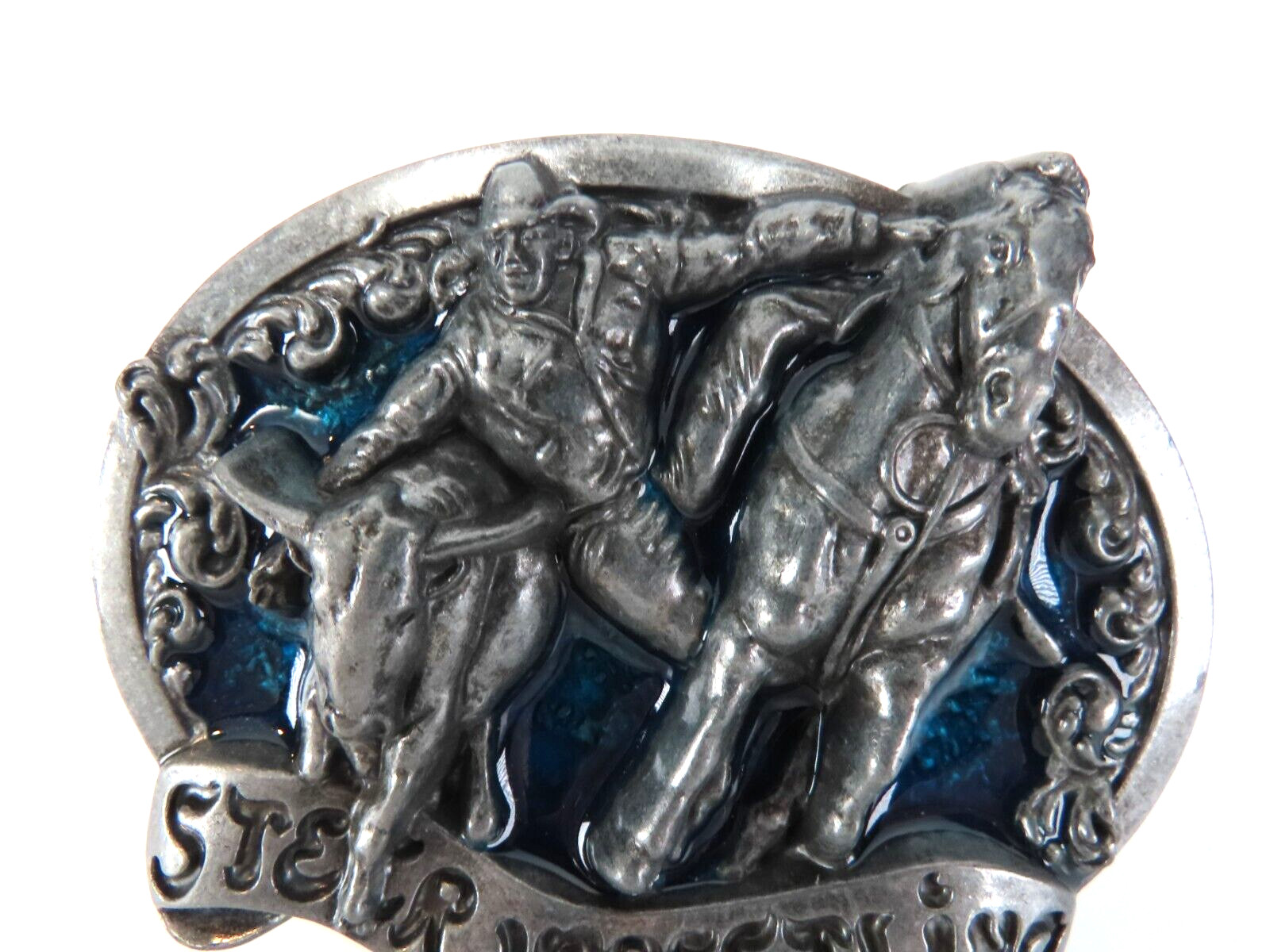 New Steer Wrestling Cowboy Rodeo Enamel Metal Belt Buckle in Package