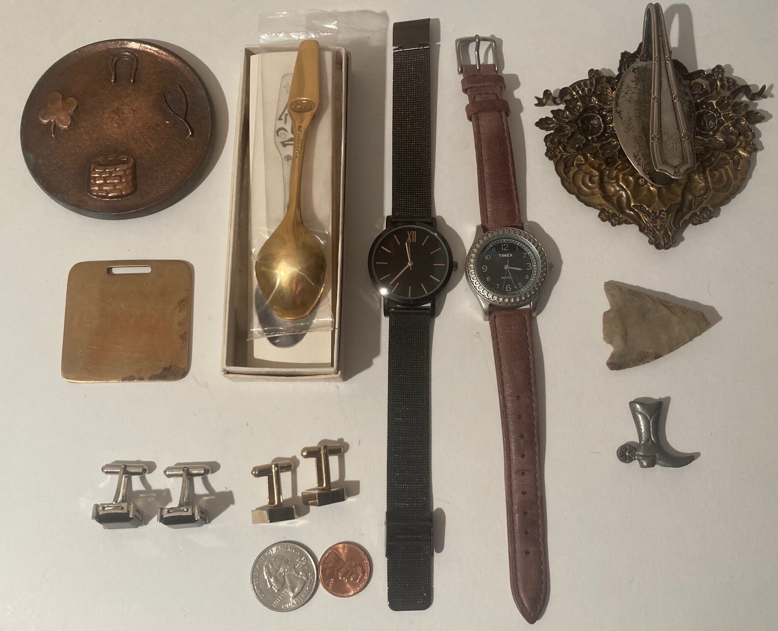 Vintage Grandpa&rsquo;s Junk Draw, Watches, Cufflinks, Arrowhead, Spoons, Interesting,