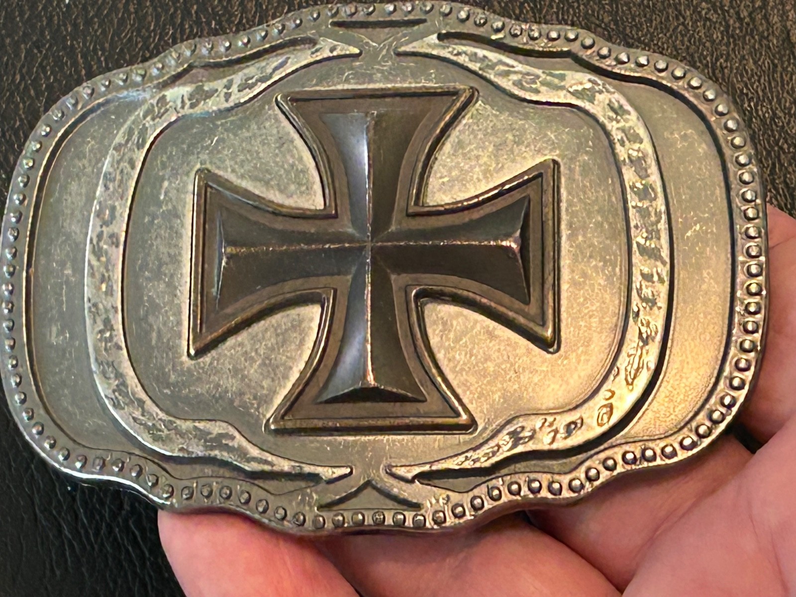 Iron Cross belt buckle, Maltese style symbol with dark enameled finish