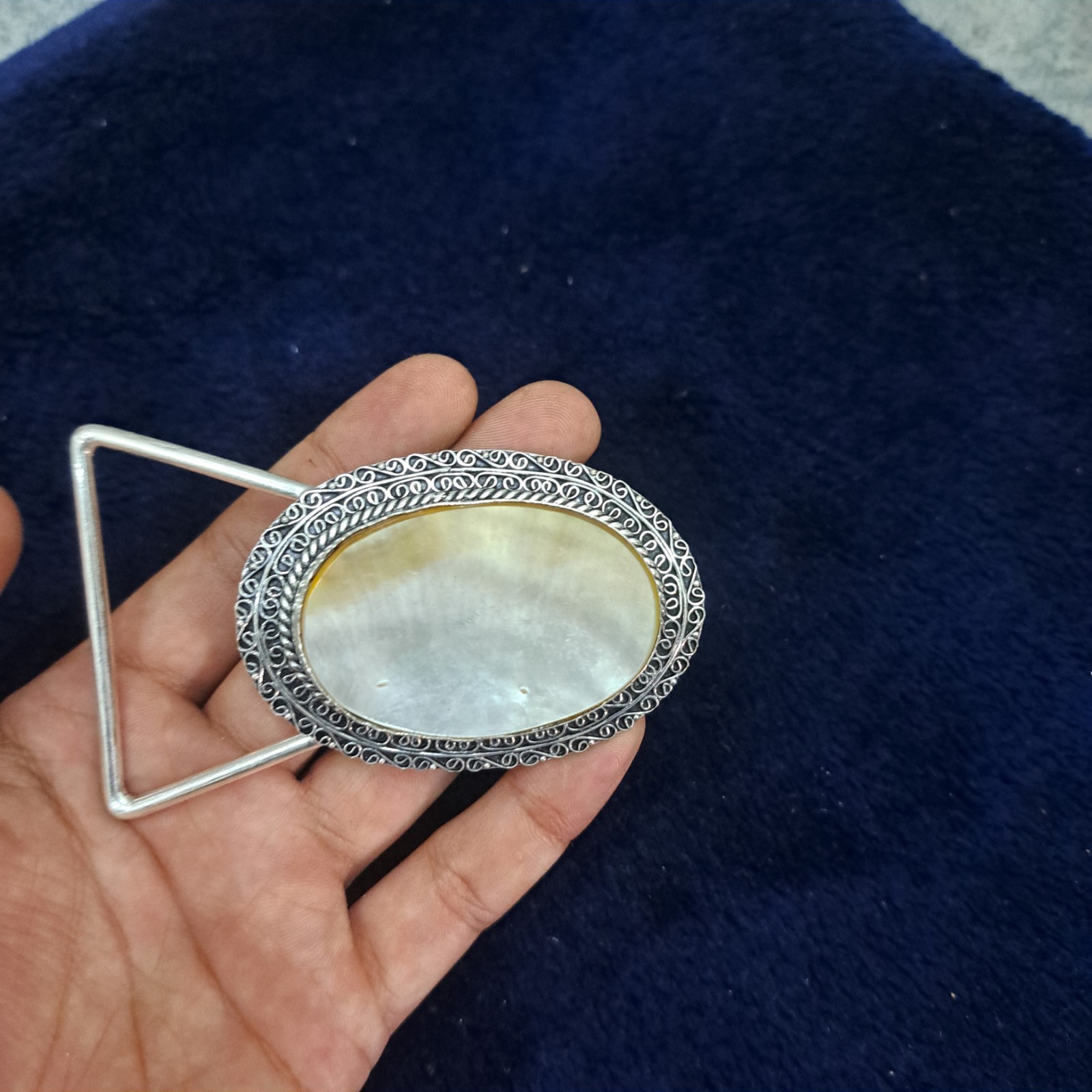 Golden Mother of Pearl Belt Buckle – Silver Plated Filigree Setting, Handmade