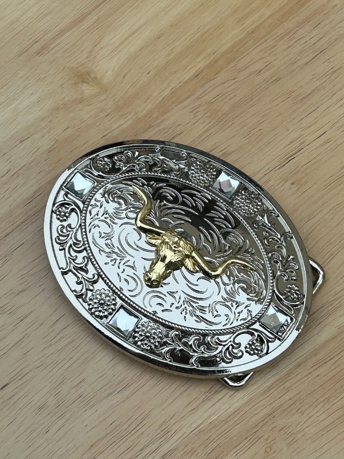 Western Longhorn Buckle Men Unisex Clear Rhinestone Oval Silver Zinc Fit 2 »