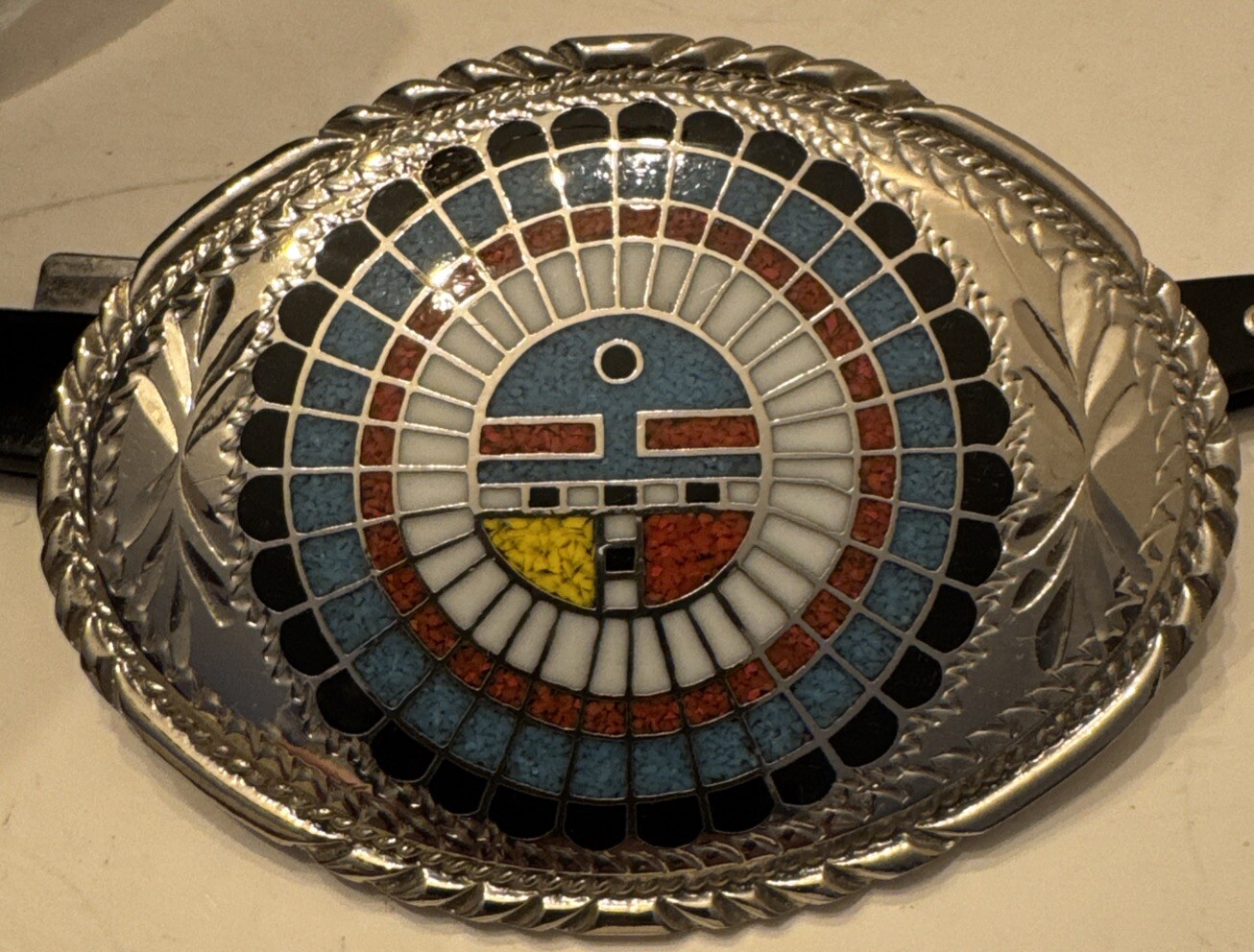 Silver Engraved Inlaid Buckle Native with Eagle Feather Shield TBD1 SSI 88 VTG
