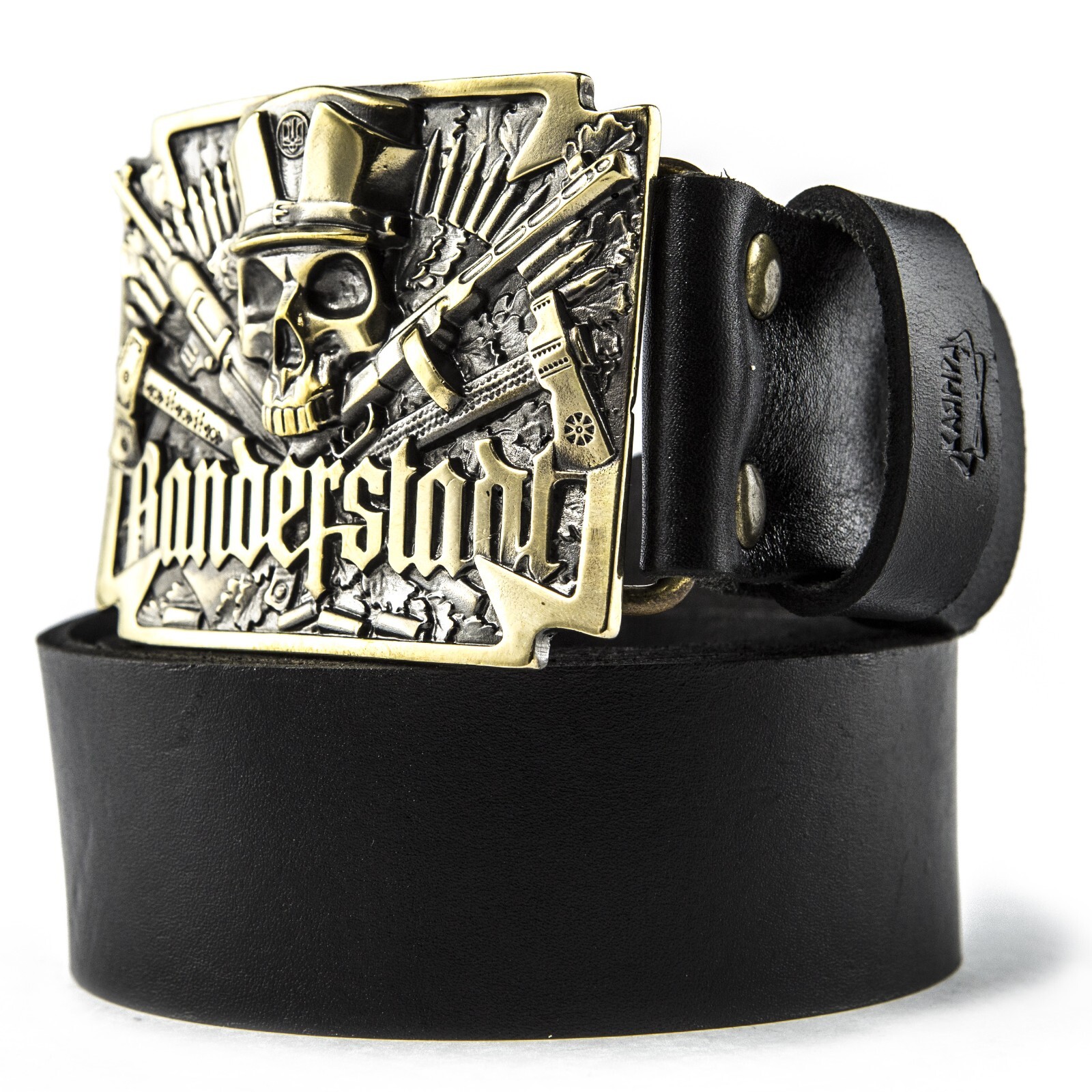 Brass belt buckle Banderstadt, Artistic sculptural fighting skull brass buckle