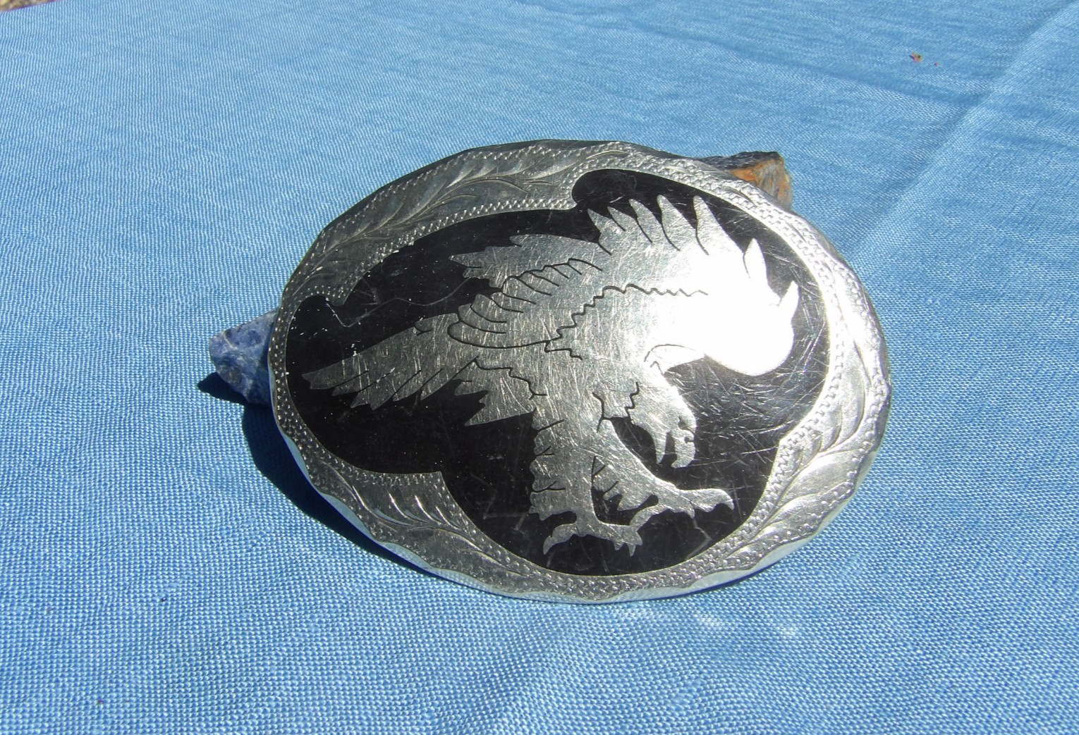 VTG MEN&rsquo;S ALPACA SILVER ETCHED EAGLE WESTERN BELT BUCKLE MEXICO