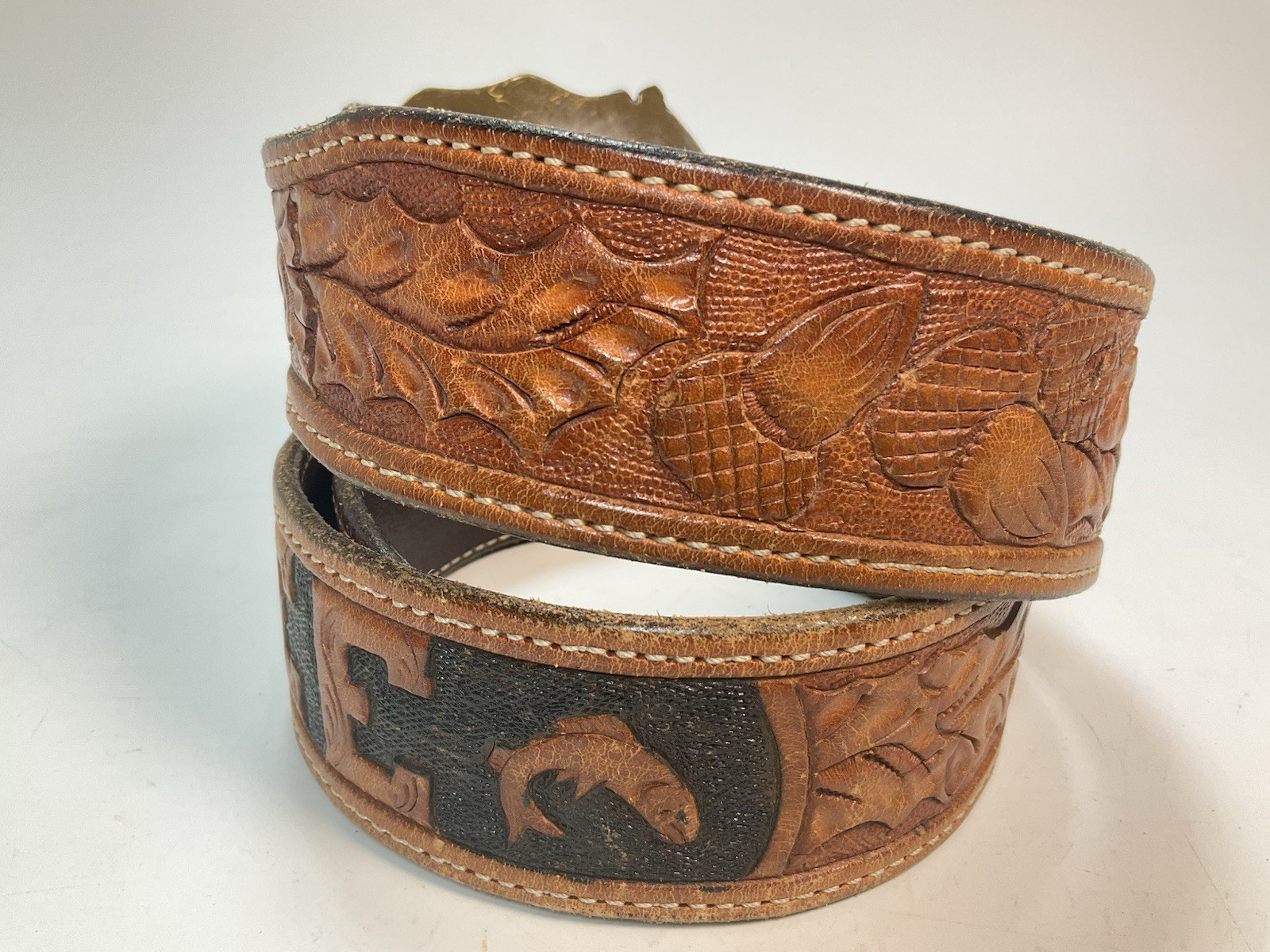 Vintage 1978 Raintree Bass Fish Buckle USA Leather Belt Brass Bronze Men’s