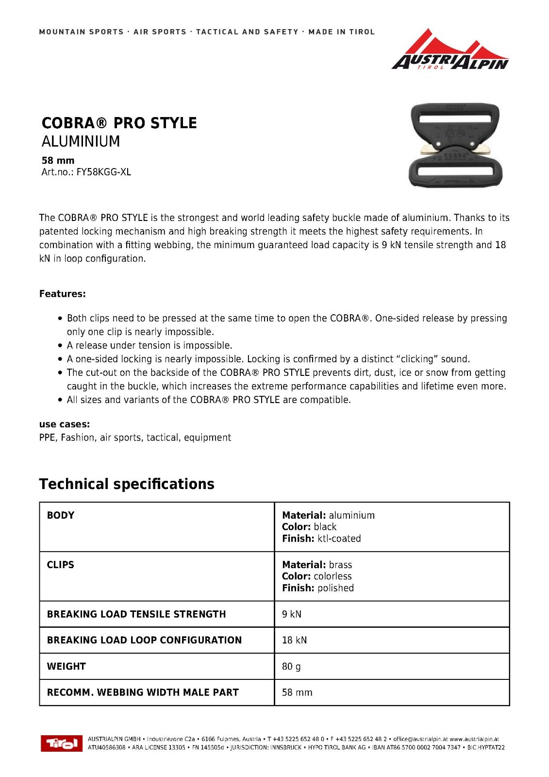 AustriAlpin COBRA 2.25&Prime; 58mm Quick Release Dual Wide Fixed Duty Belt Buckle