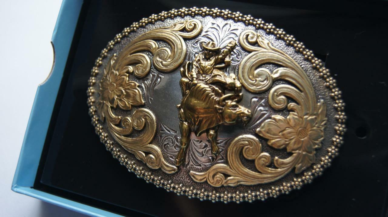 Nocona Belt Buckle BULL RIDER Gold & Silver Tone Western cowboy 3756641