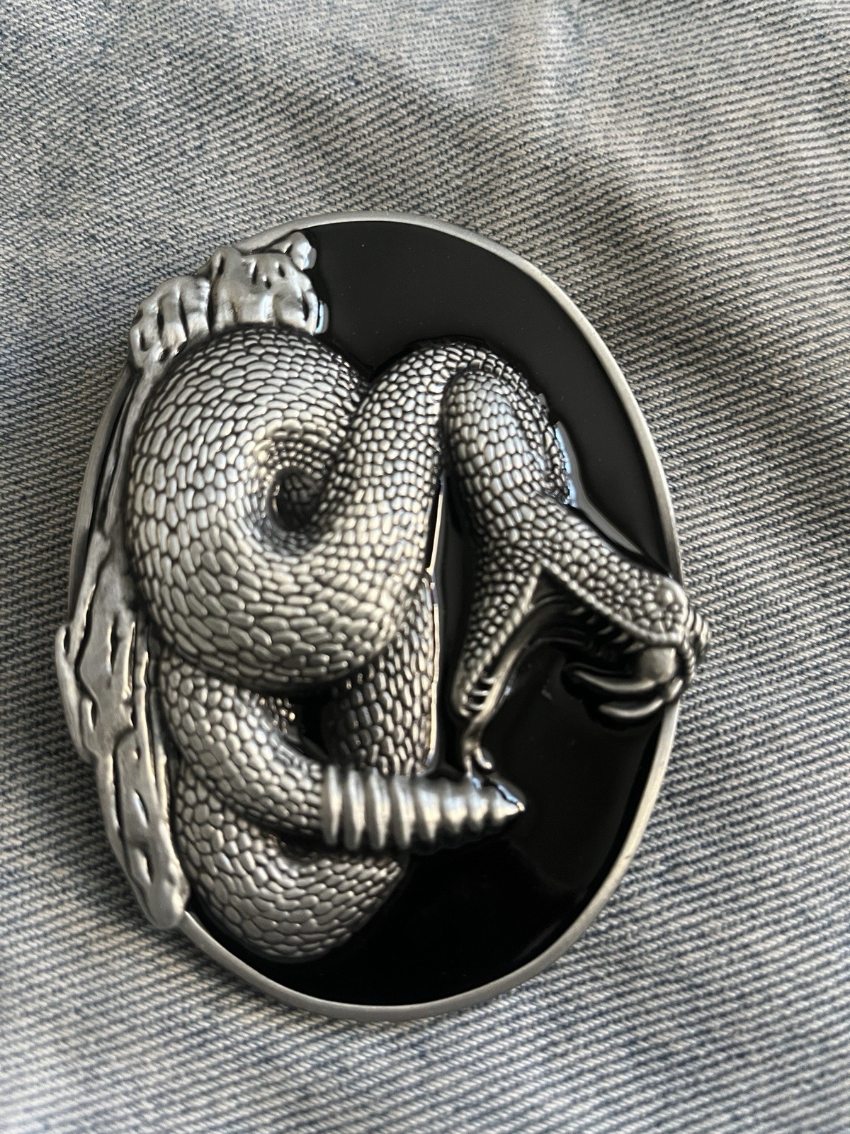 Rattle Snake Belt Buckle Silver Trim With Black Background Western Cowboy Style