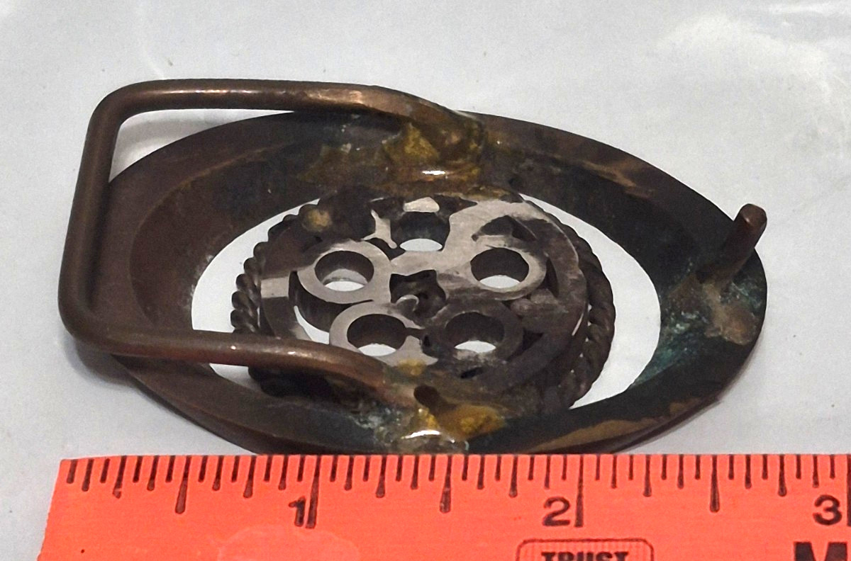 Vtg Handcrafted Silver Tone & Brass Oval Openwork Geometric Circle Belt Buckle