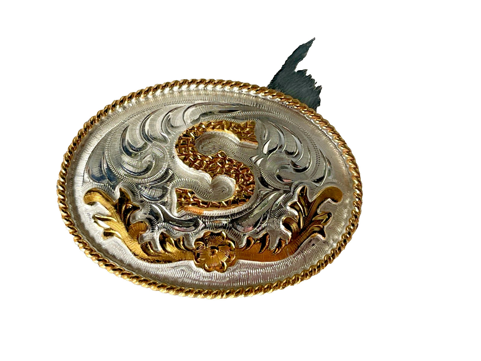 Western Initial Belt Buckle 3.5 x 2 5/8 in Oval S Silver Engraved Gold 1.75
