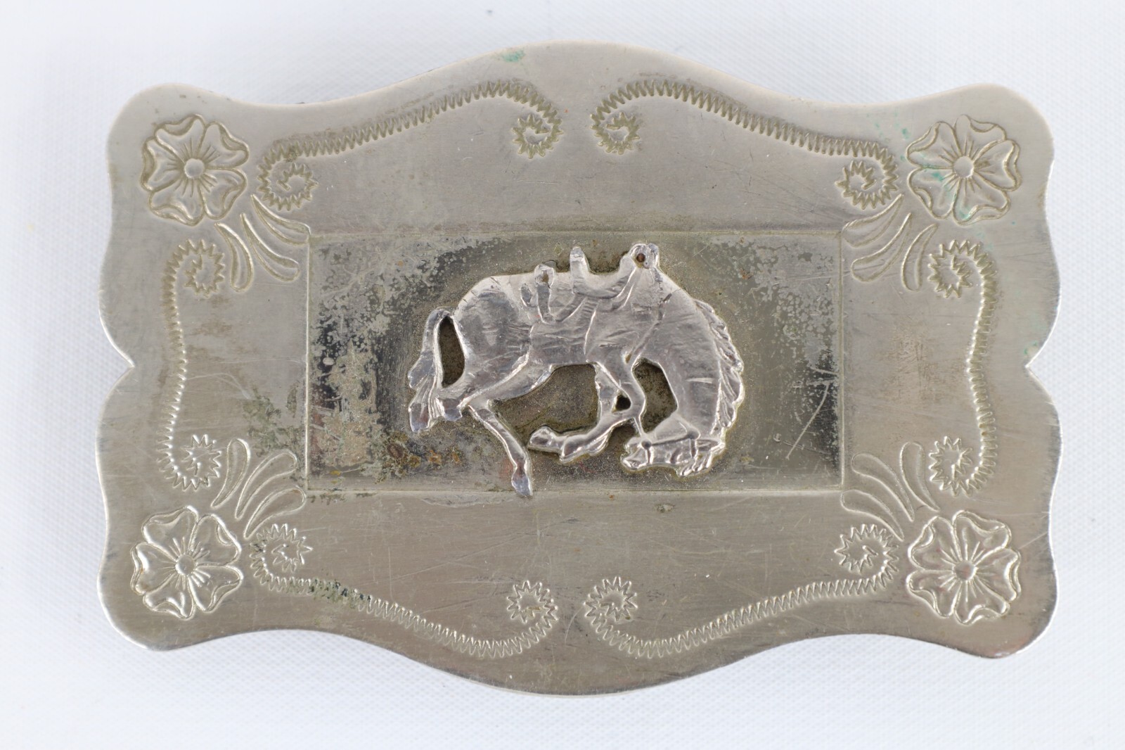 Vintage 70s Rockabilly Silver Nickel Flower Bucking Horse Bronco Belt Buckle