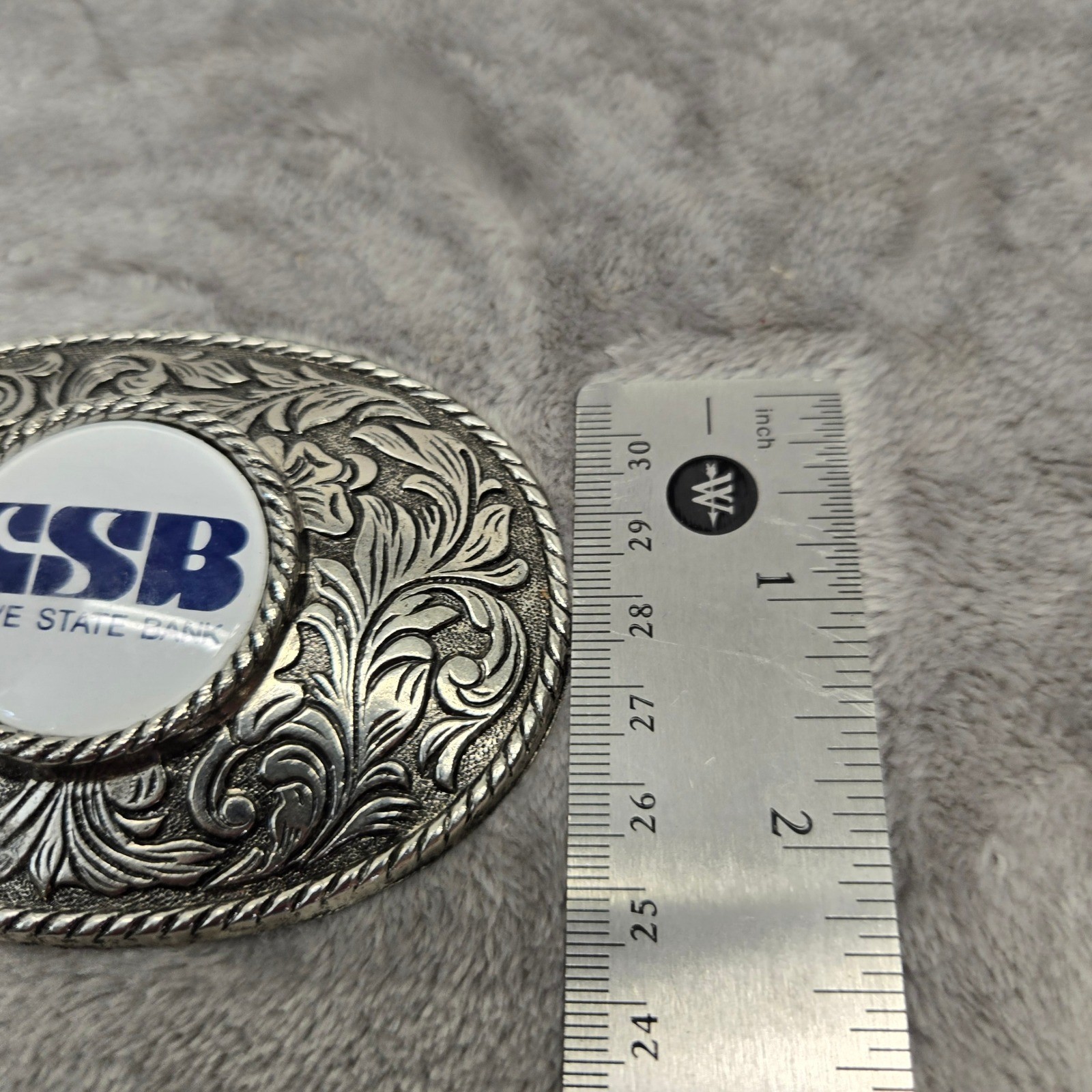 Cove State Bank CSB Belt Buckle Silver Tone Floral Western Scroll Oval Vintage