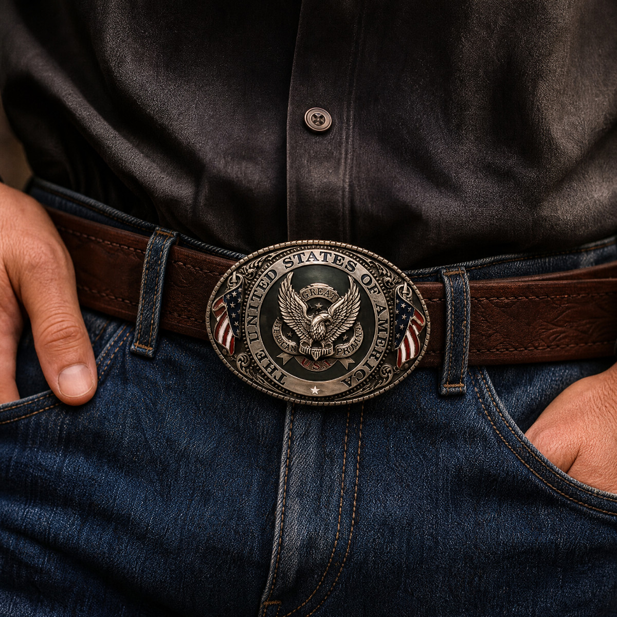 USA Eagle American Flag Belt Buckle Mens Patriotic Western Silver Oval Rodeo
