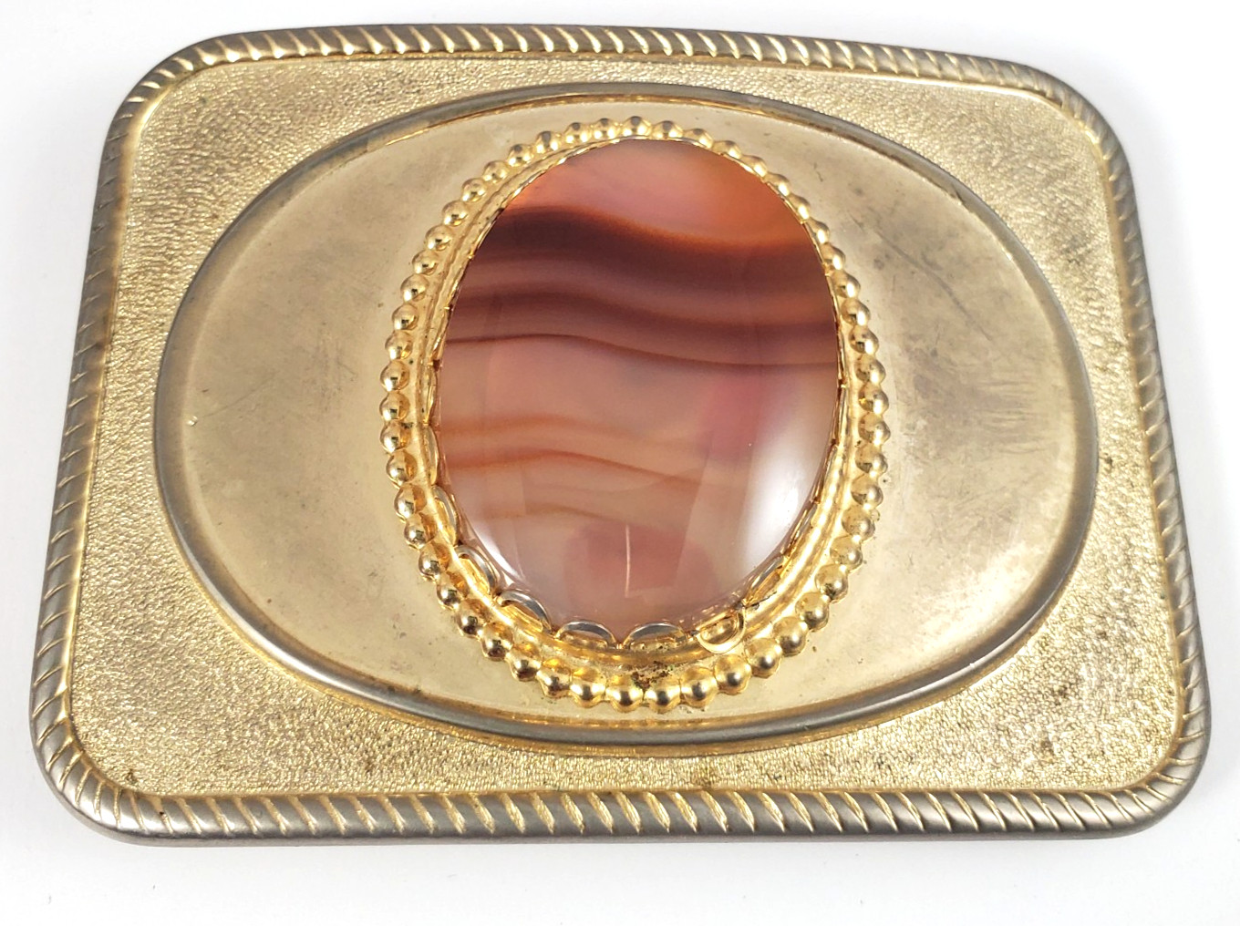 Vintage Gold Tone Western Belt Buckle Banded Agate Style Stone Faux Cabochon