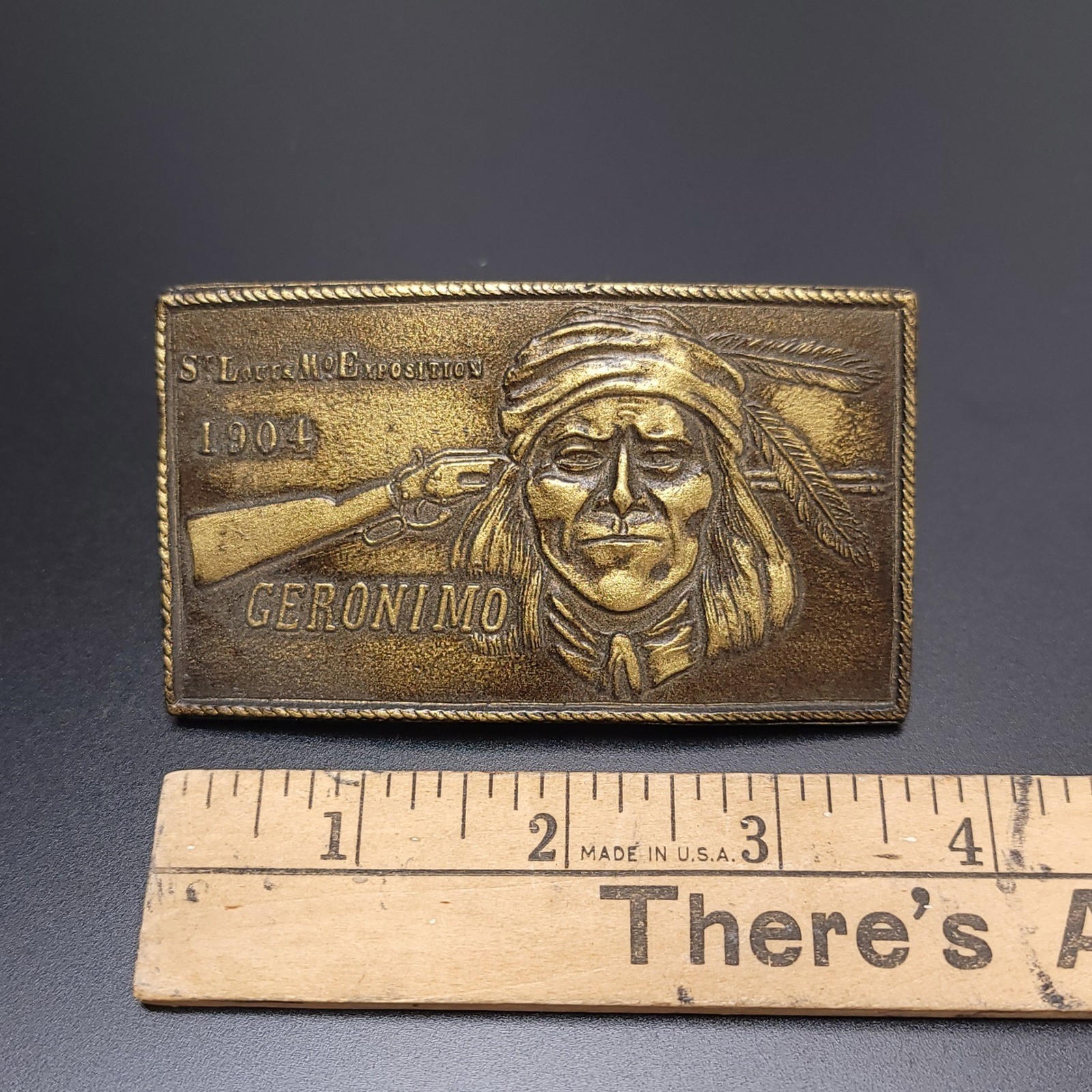 Vintage Geronimo 1904 St Louis MO Exposition Brass Belt Buckle Western Antique