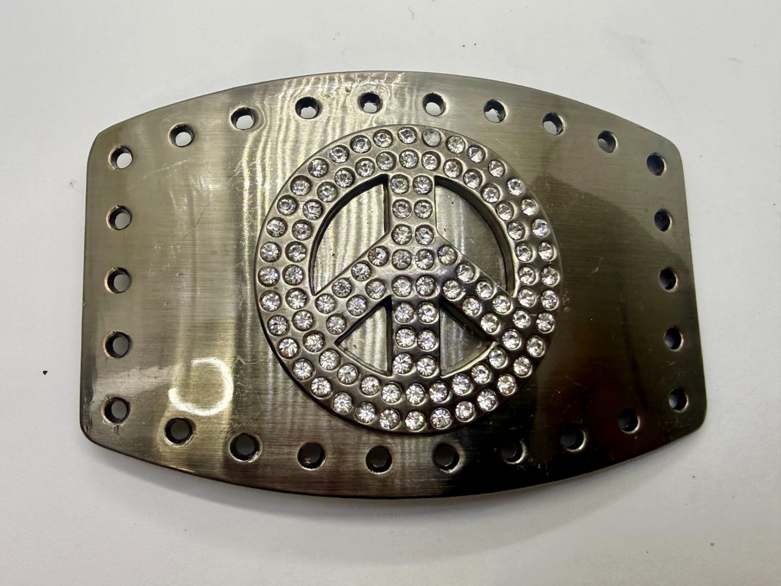 Peace Symbol Sign Rhinestone Bling Hole Border Hippy Silver Tone Belt Buckle