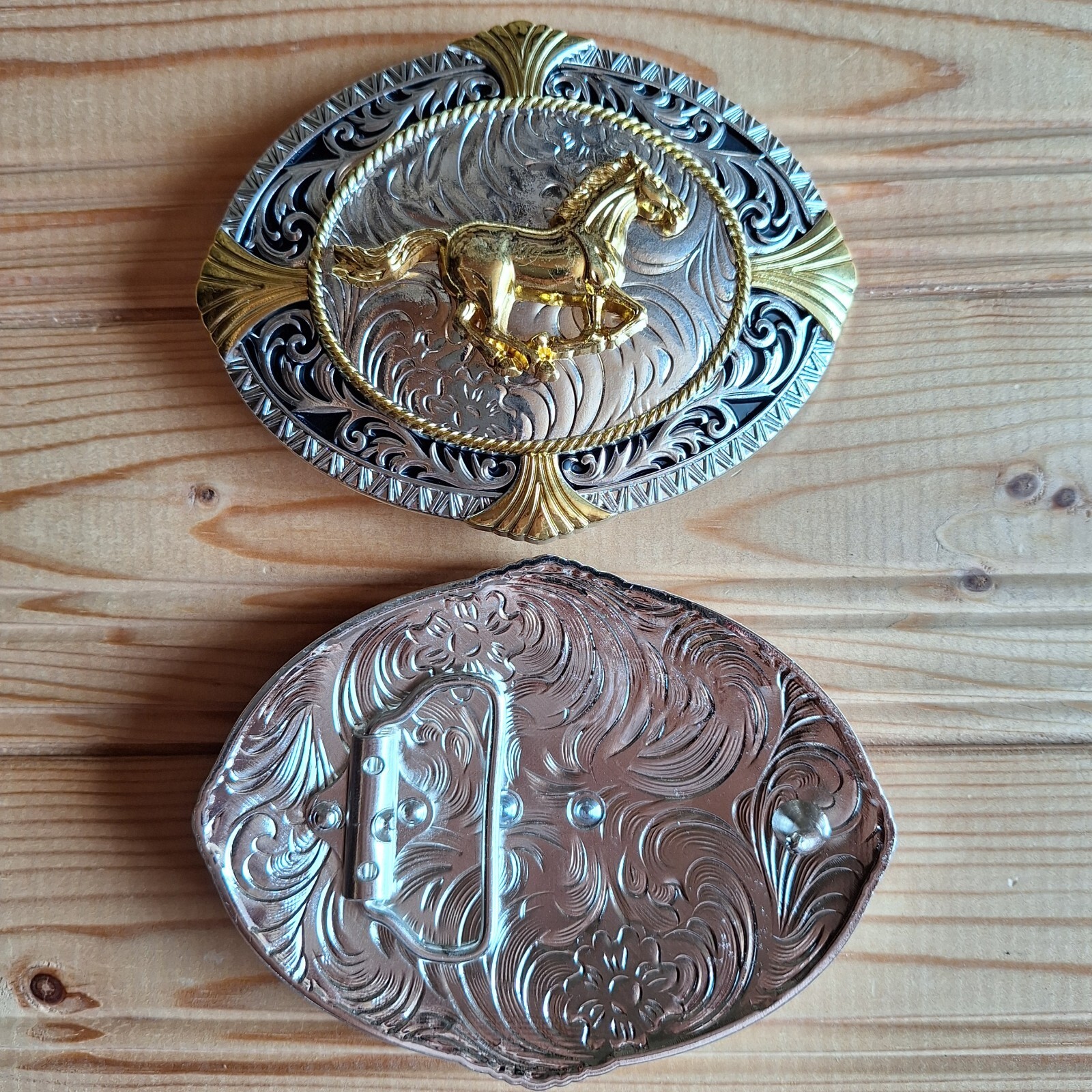 BIG Horse oval western country silver & gold belt buckle (choice designs)