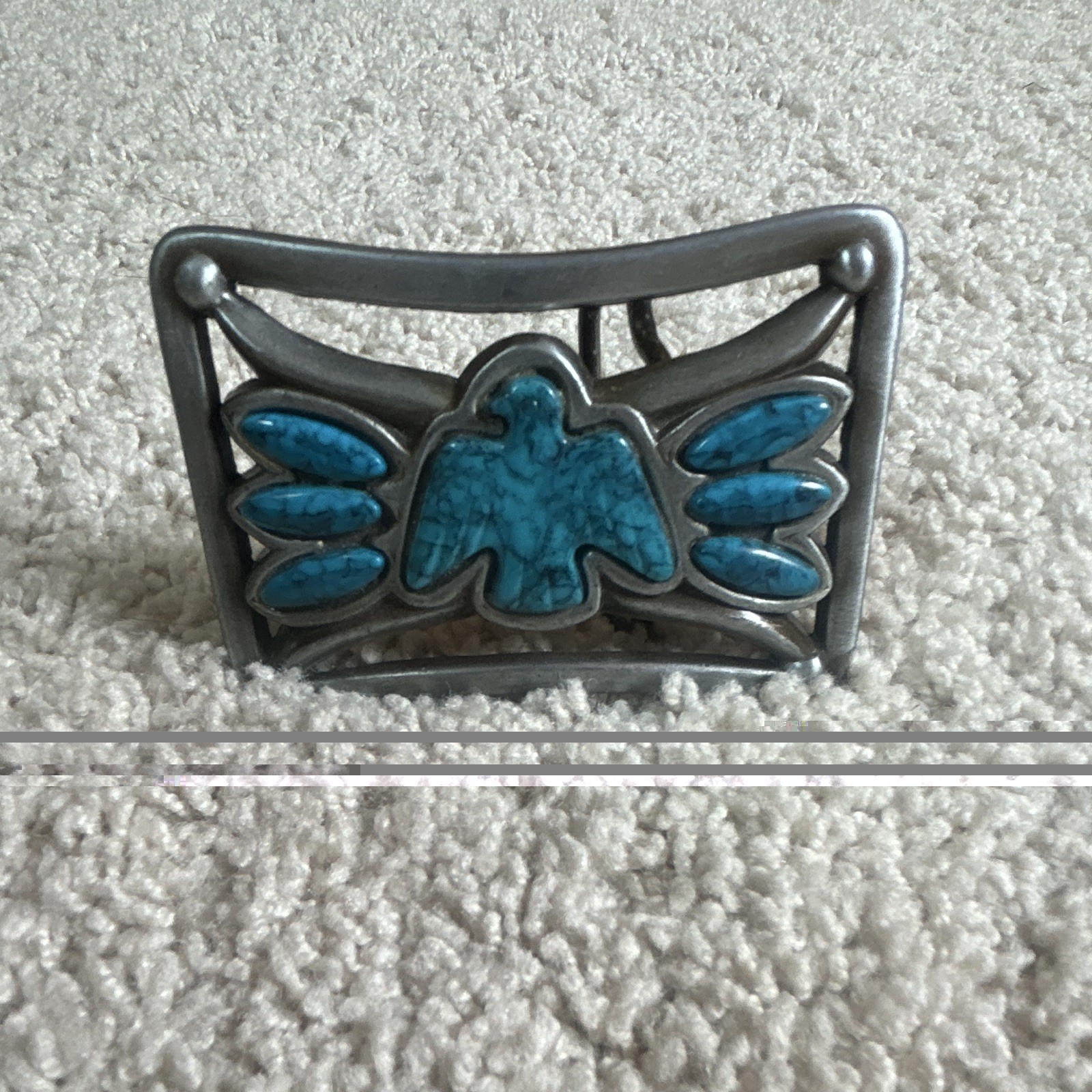Silver Tone Blue Stone Thunderbird Western Rectangular Belt Buckle 1.5 in
