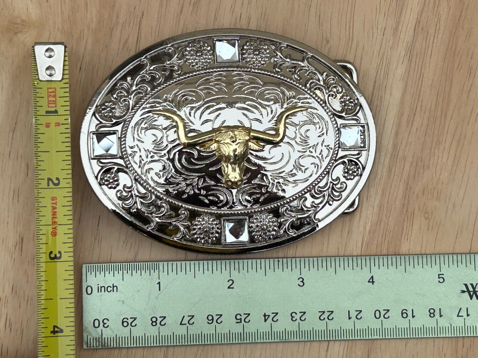 Western Longhorn Buckle Men Unisex Clear Rhinestone Oval Silver Zinc Fit 2 »