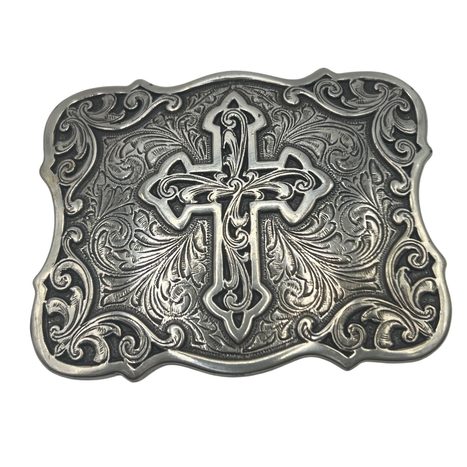 SILVER CROSS Filigree vintage metal belt buckle iconic faith religious