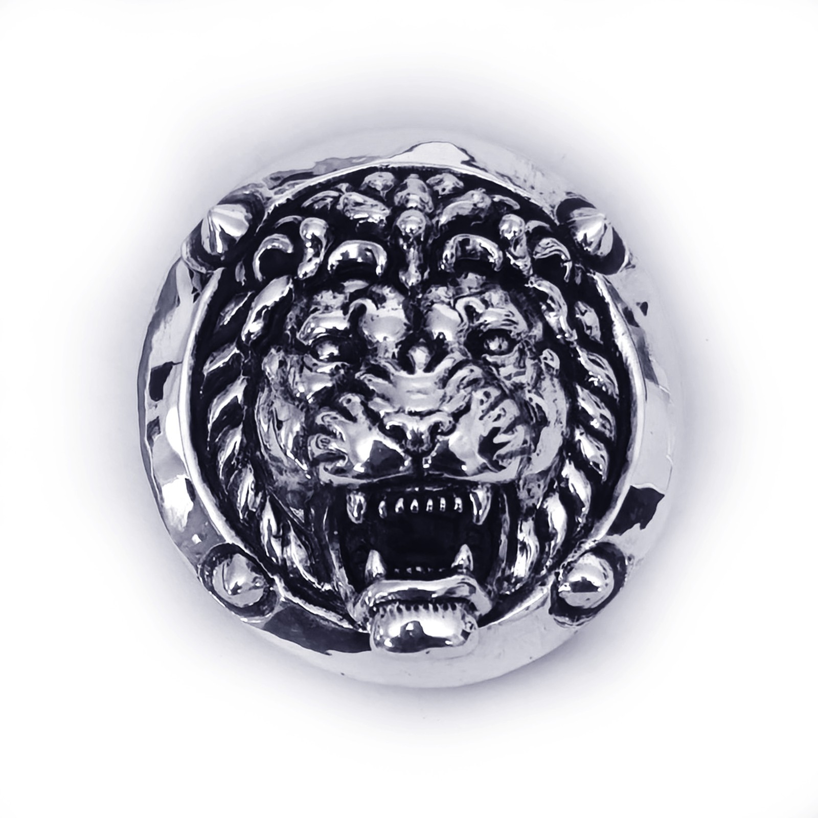 Lion Attacking Head Sterling Silver Round Belt Buckle