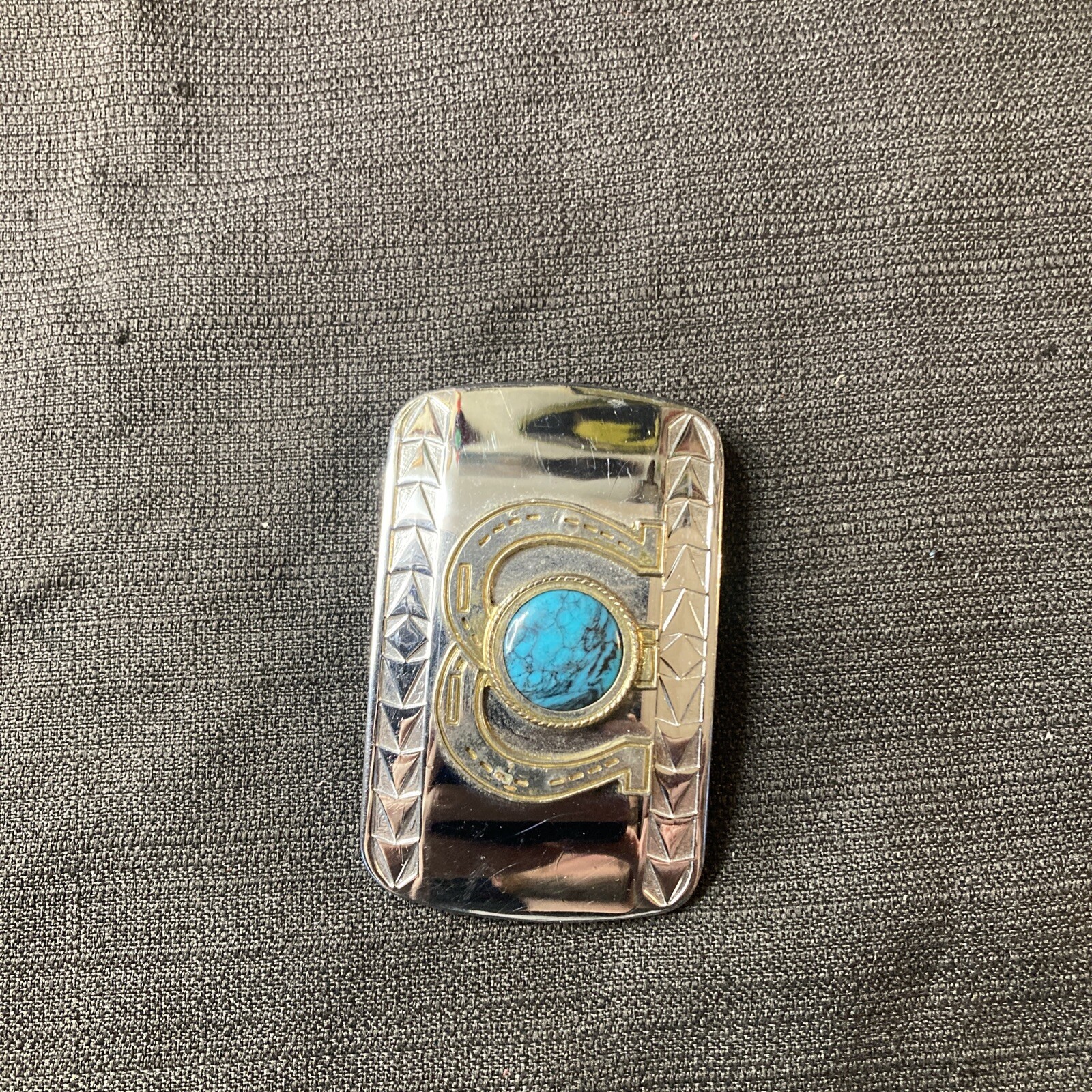 Double Horseshoe Faux Turquoise Chrome Belt Buckle