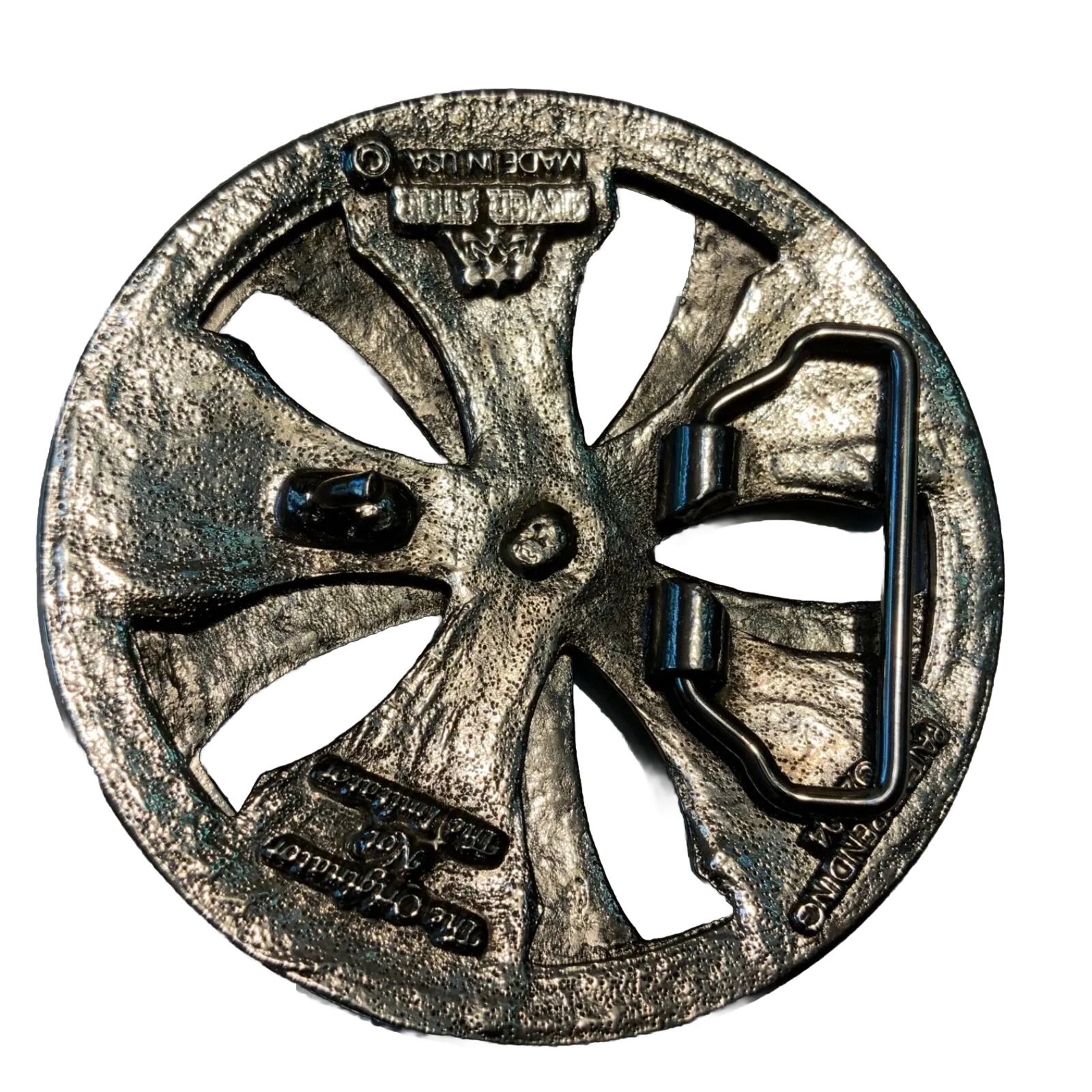 Silver Star belt buckle Spinning moving round figural novelty hubcap silver tone