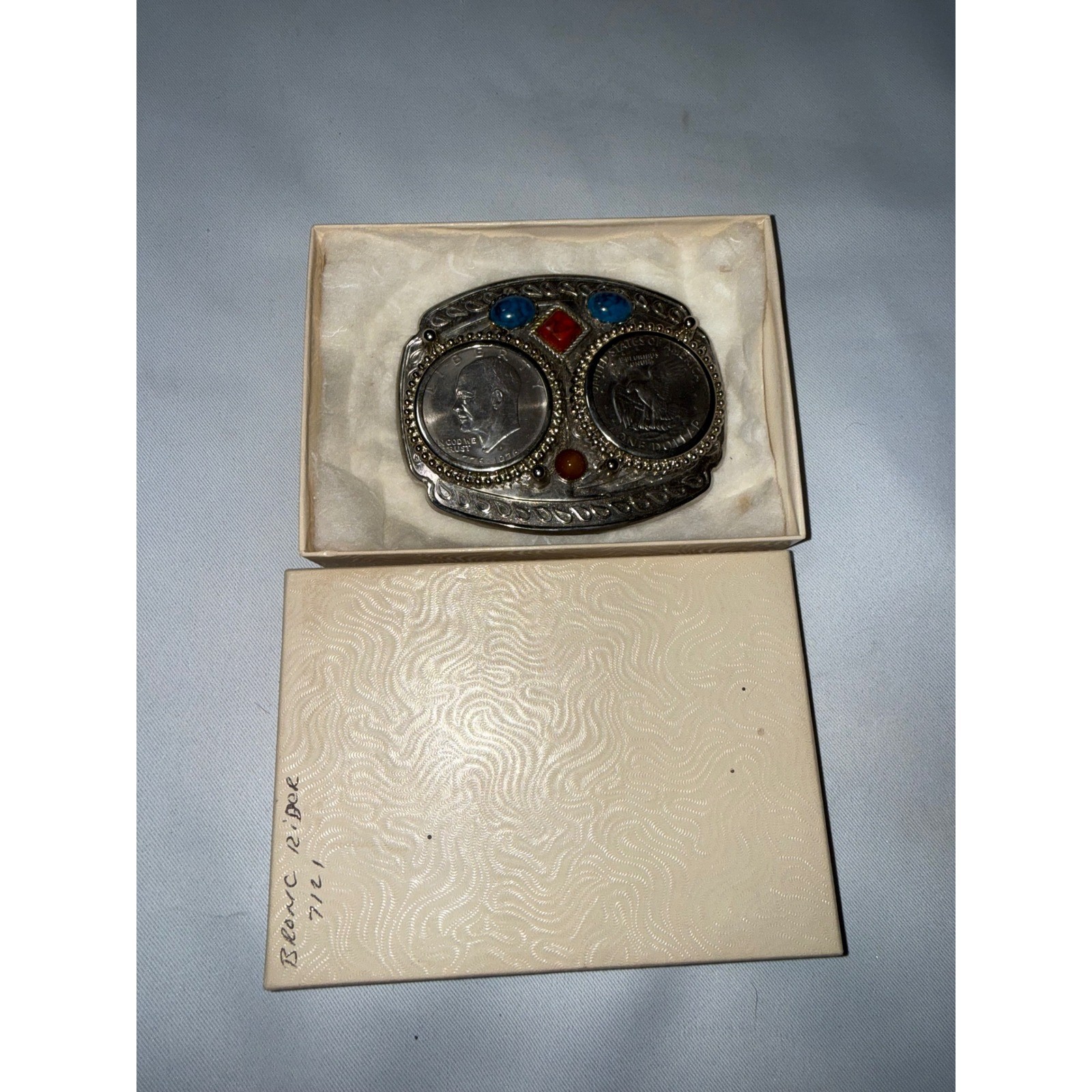 Vintage Bicentennial Eisenhower Silver Dollar Belt Buckle Turquoise Coral Stone