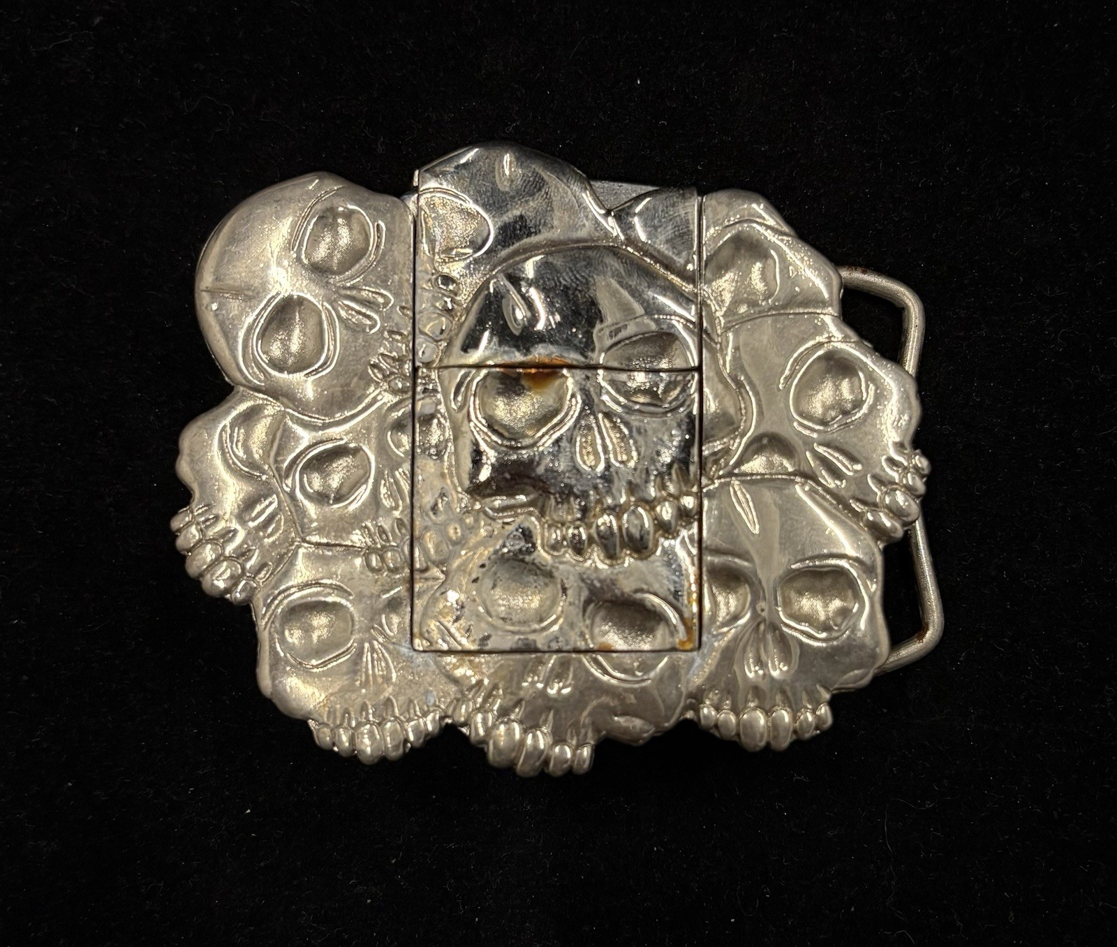 Vintage y2k skull engraved refillable lighter integrated silver belt buckle RARE