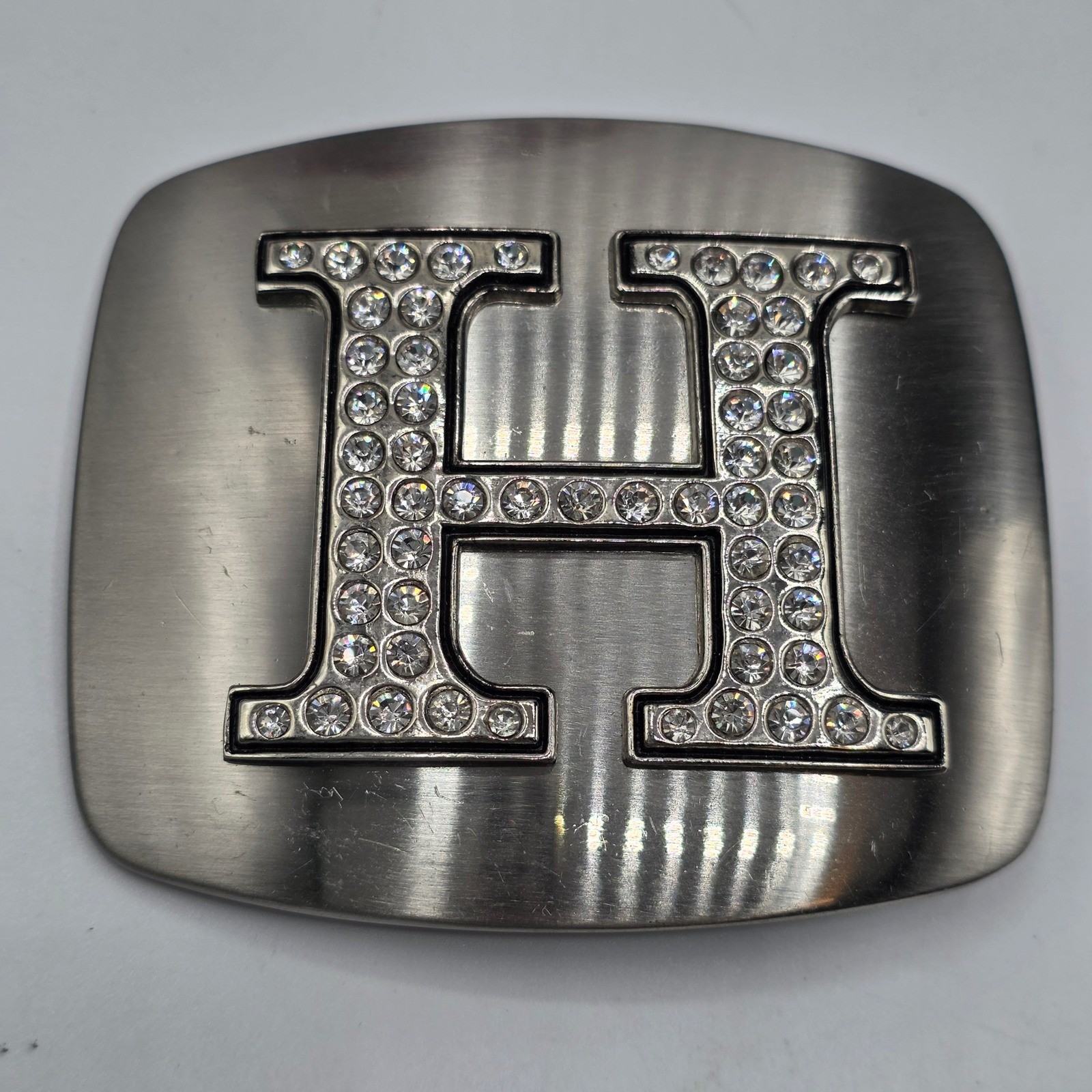 Silver Tone Letter H Rhinestone Initial Belt Buckle Brushed Metal Rectangle