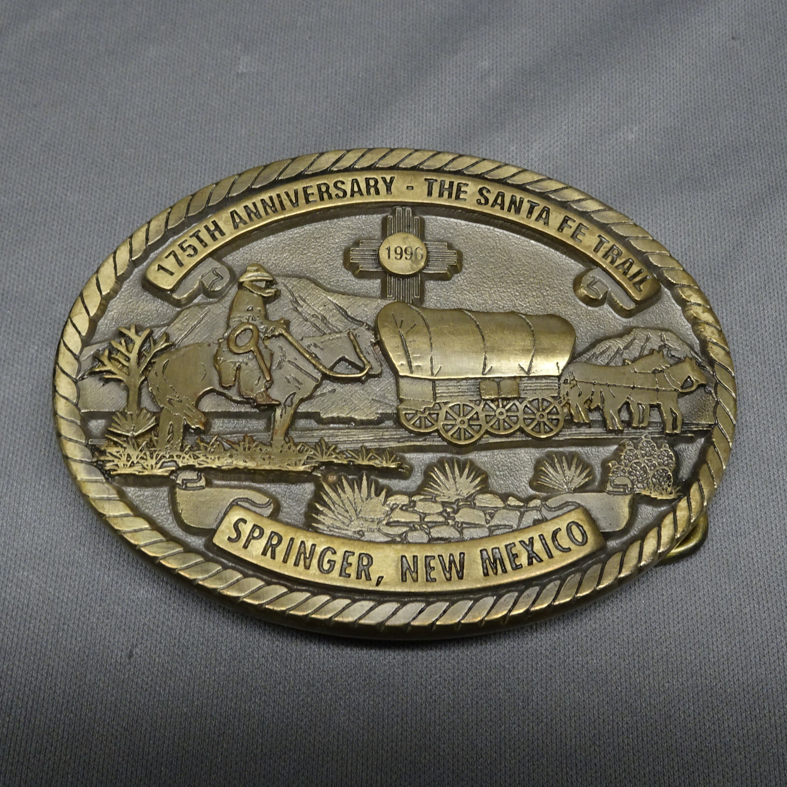 1996 Creative Casting Denison 175TH ANNIVERSARY SANTA FE TRAIL BELT BUCKLE BRASS
