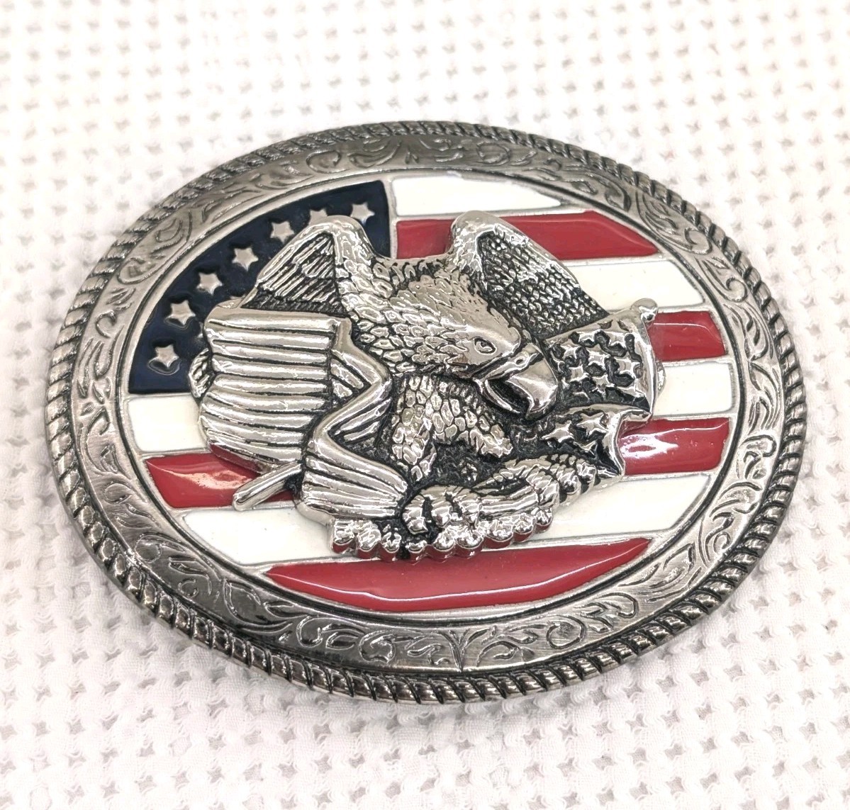 Men&rsquo;s Belt Buckle Freedom America Flag USA Patriotic Eagle Silver Tone