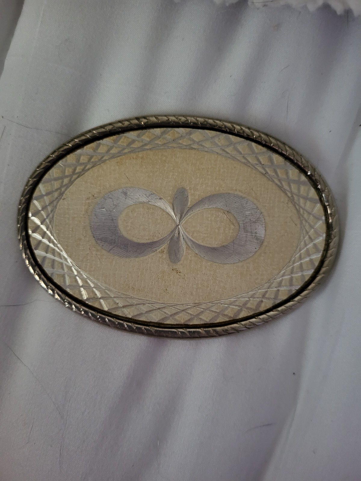 Goldtone Silvertone Cream Colored Etched Metal Belt Buckle