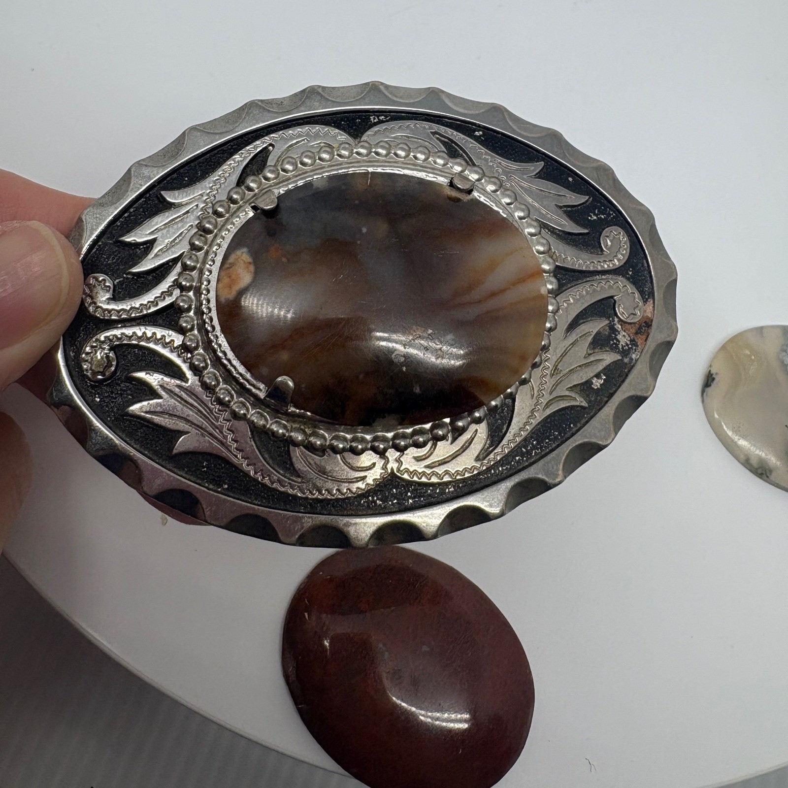 Western Interchangeable Stone Belt Buckle Silver Tone Agate Jasper 3.5in