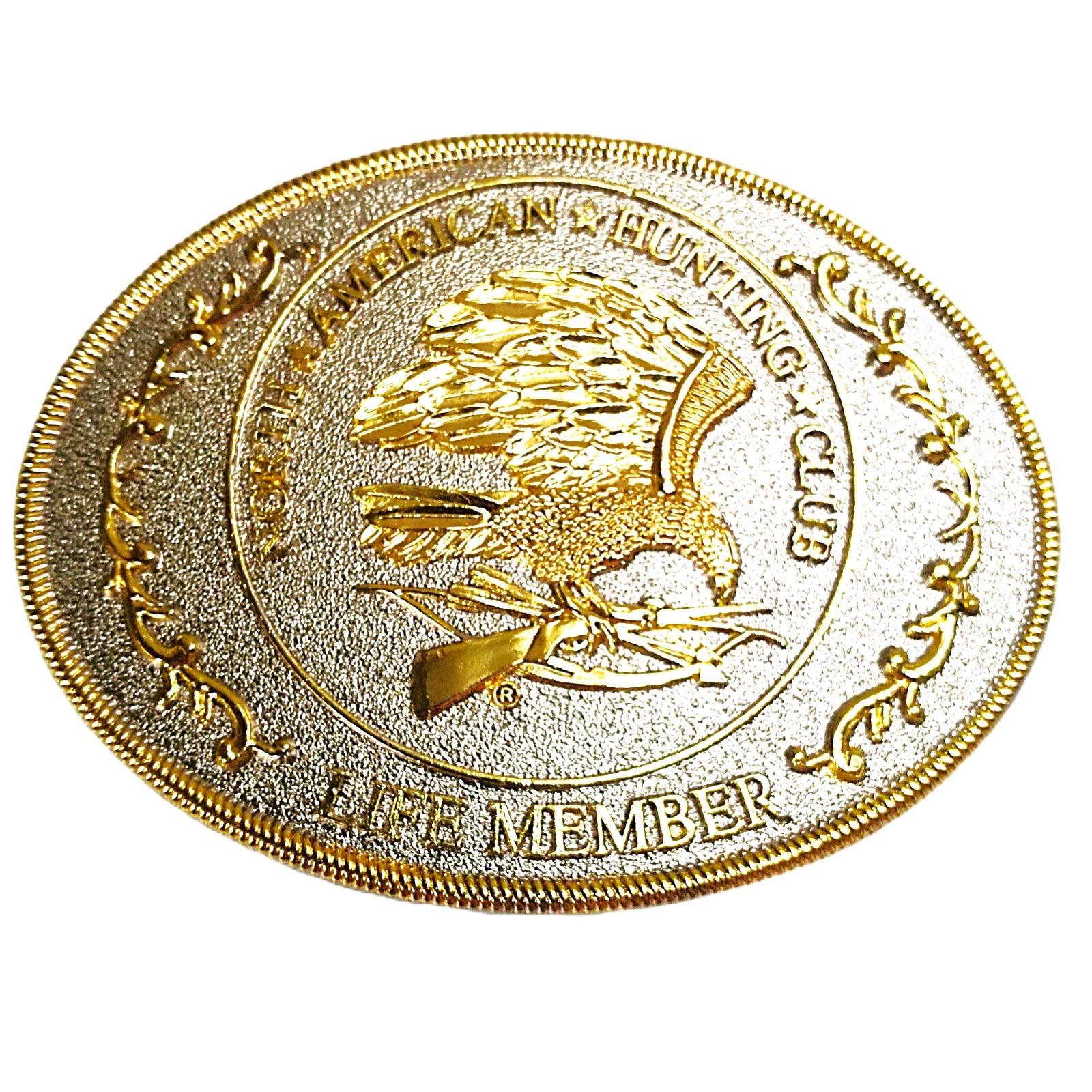 NORTH AMERICAN HUNTING CLUB Belt Buckle Gold & Silver Tone Eagle Bow Arrow Rifle