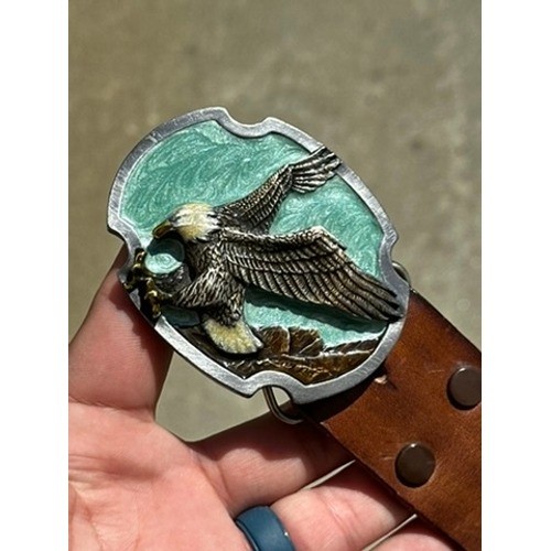 Vintage 1988 Siskiyou Eagle Belt Buckle Teal Enamel Pewter Western American 80s