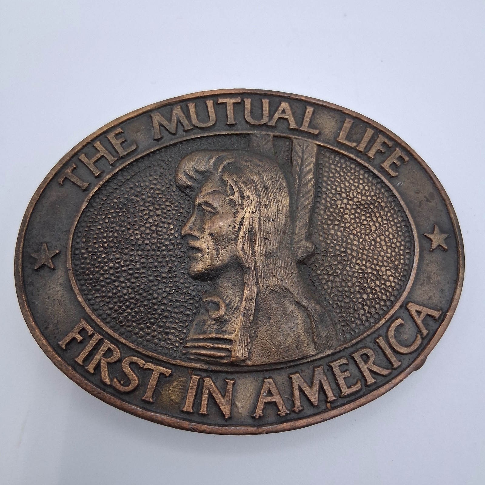 Vintage The Mutual Life First in America Insurance Advertising Metal Belt Buckle