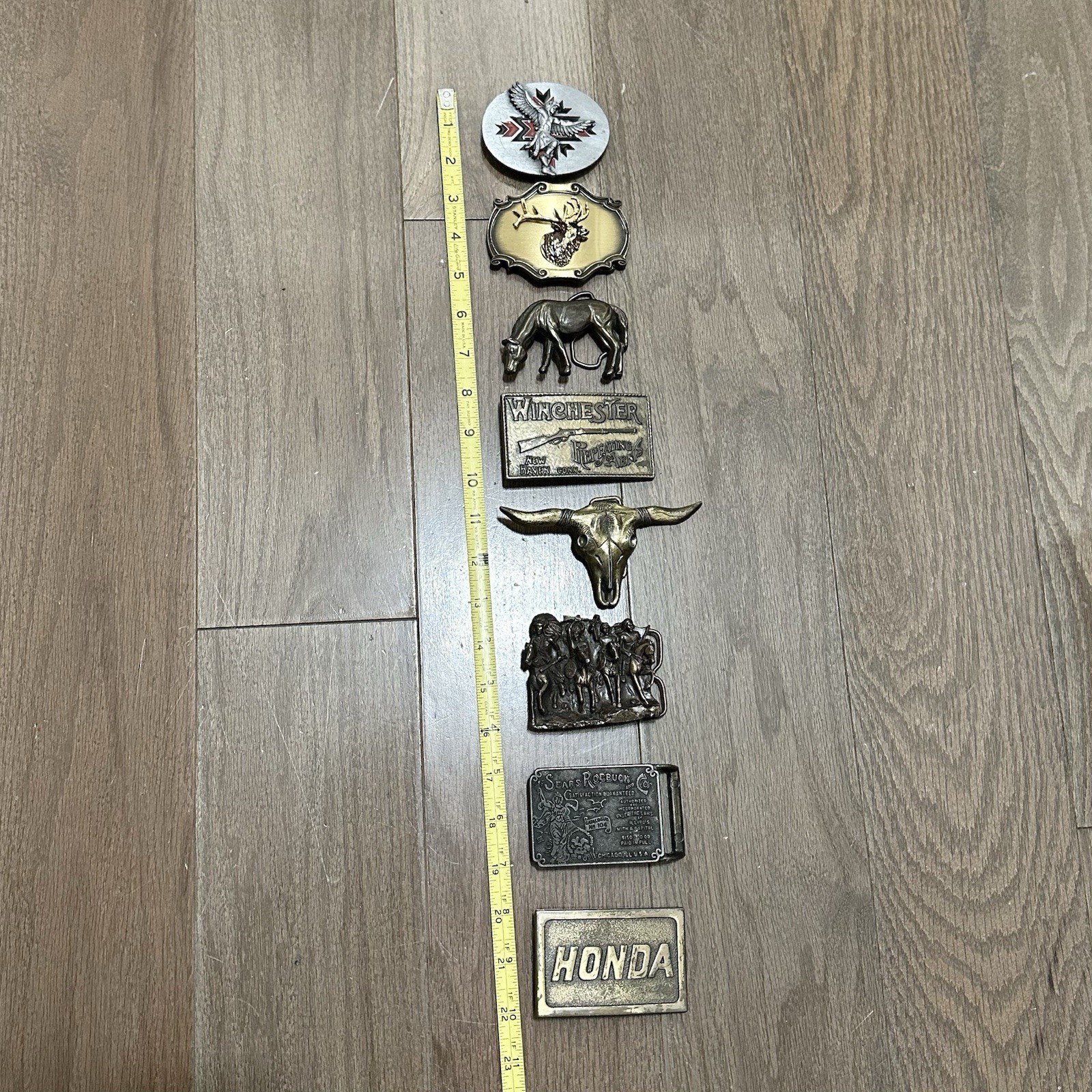 Vintage Lot (8) Belt Buckles Western Longhorn Gun Cowboy Brass Native Horse USA